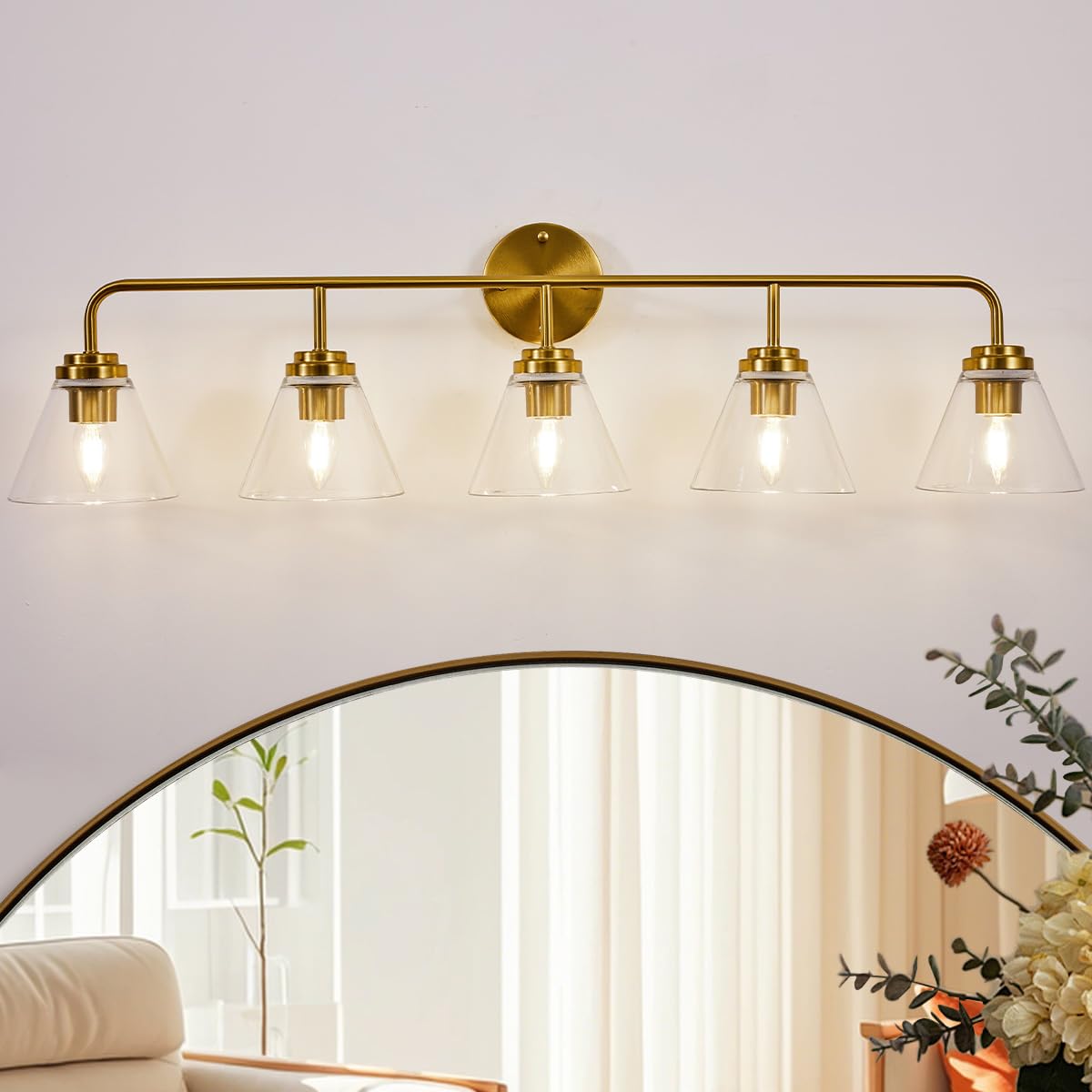 ANDY STAR Vanity Lights for Bathroom 5 Light - Brushed Gold Bathroom Light Fixtures with Clear Cone-Shaped Glass, Brass Modern G