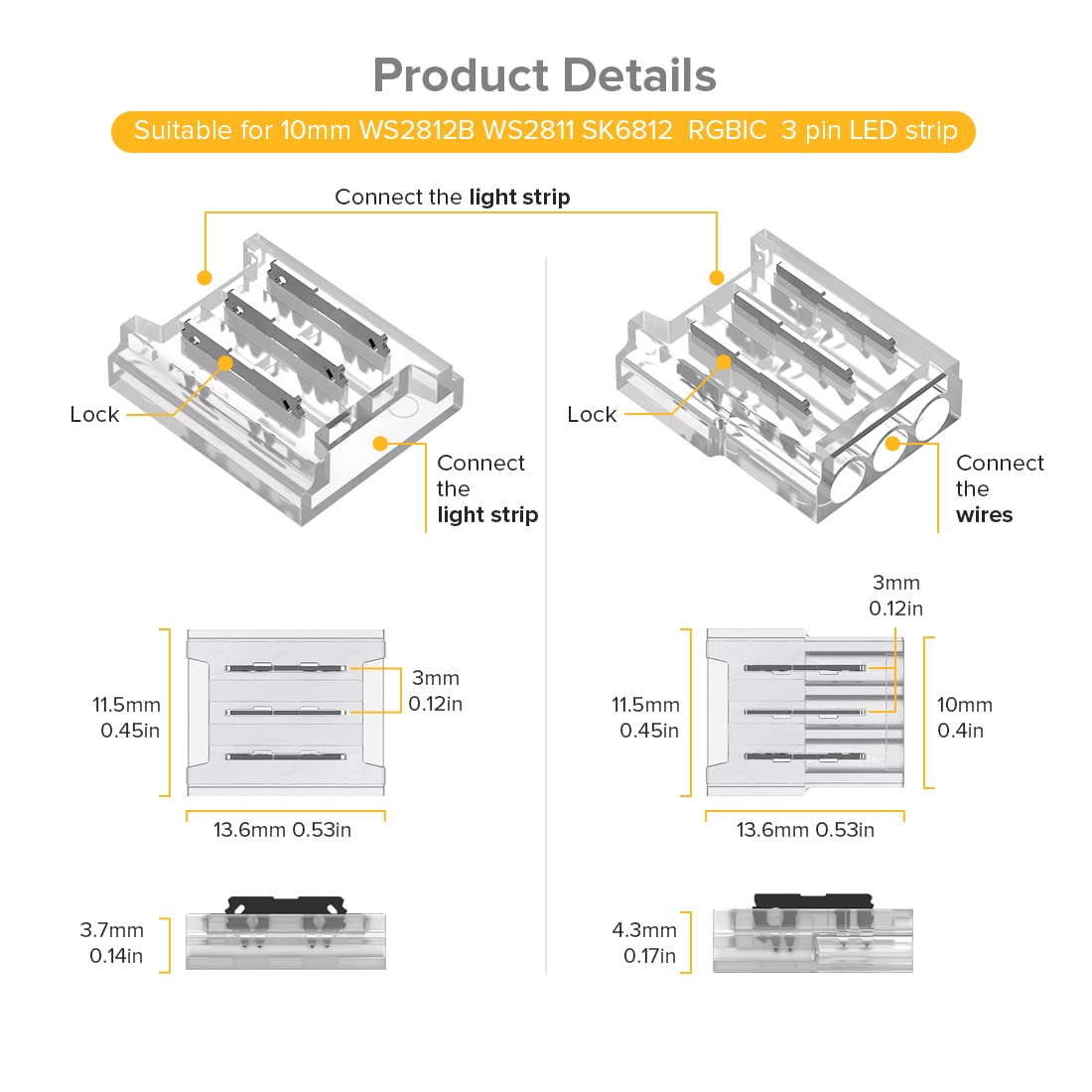BTF-LIGHTING 3 Pin Transparent Connector Kit - 8pcs Corner, 4pcs Gapless, 4pcs 5.9in 22AWG Wires for WS2812
