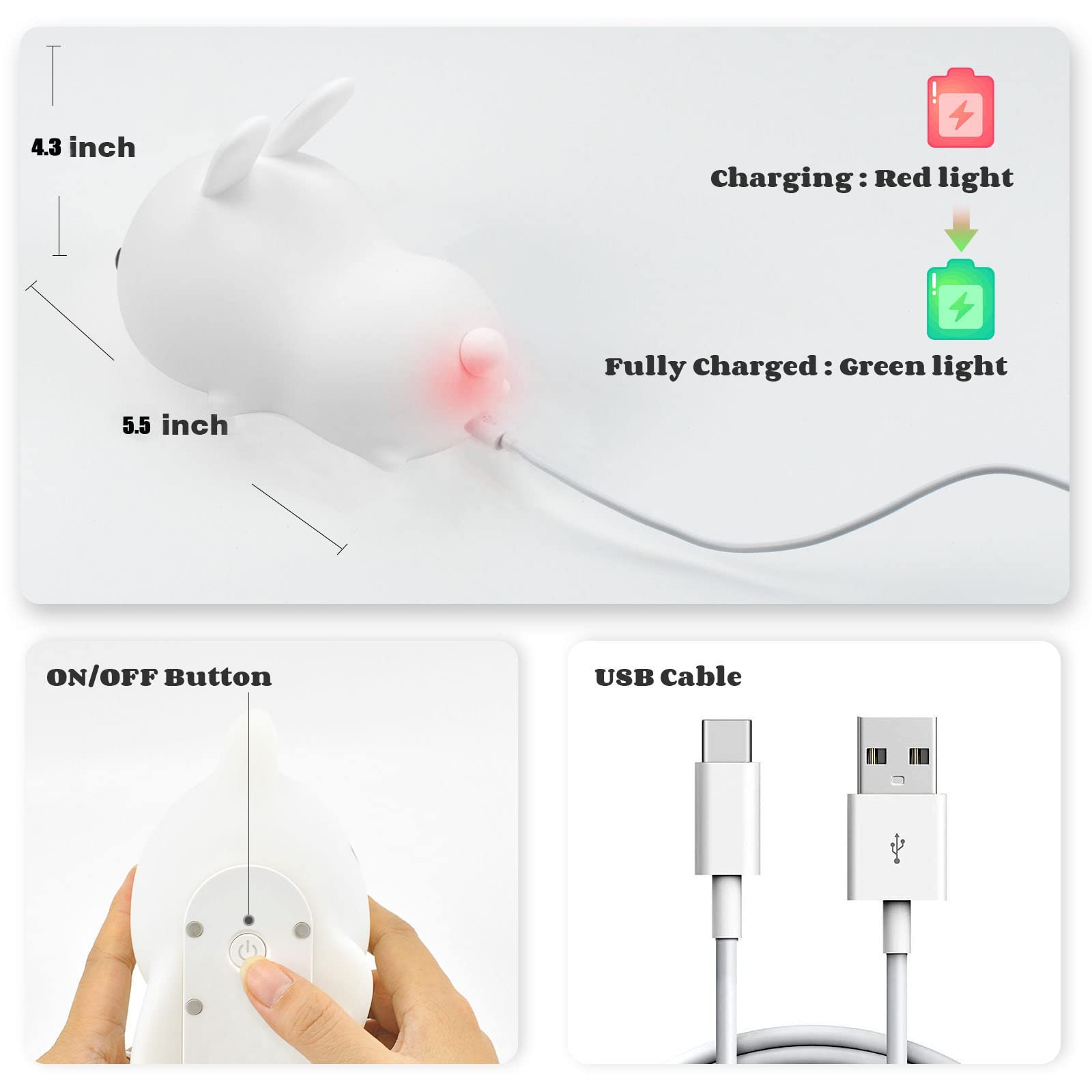 YOTOZU Bunny Night Light, USB Rechargeable, 16 Colors & Breathing Modes, Kids Gift, Tap Control, Warm White