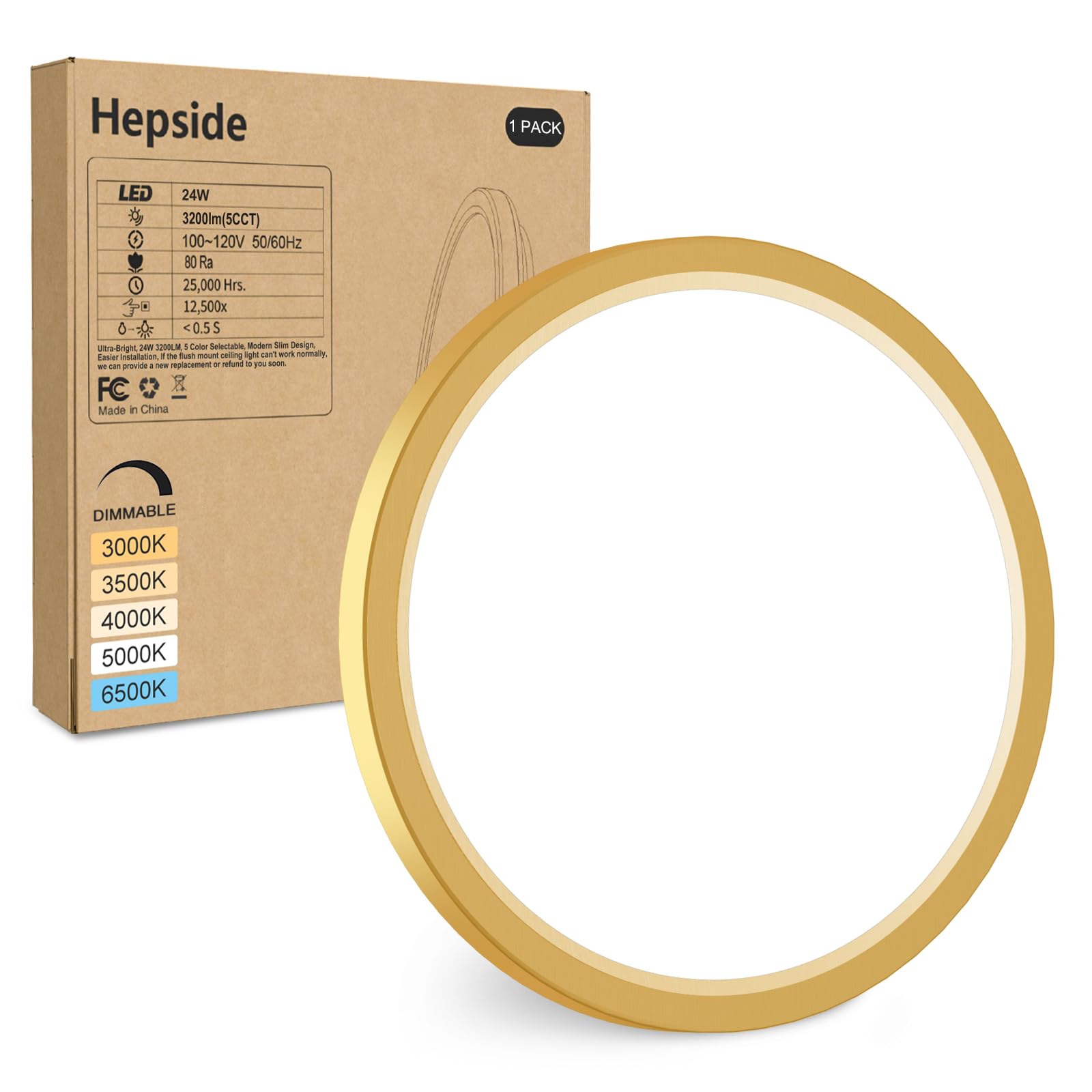 Hepside Led Flush Mount Ceiling Light Fixture Golden, 12Inch 24W, Dimmable&3000K-6500K Adjustable Low Profile Ceiling Lights, 32