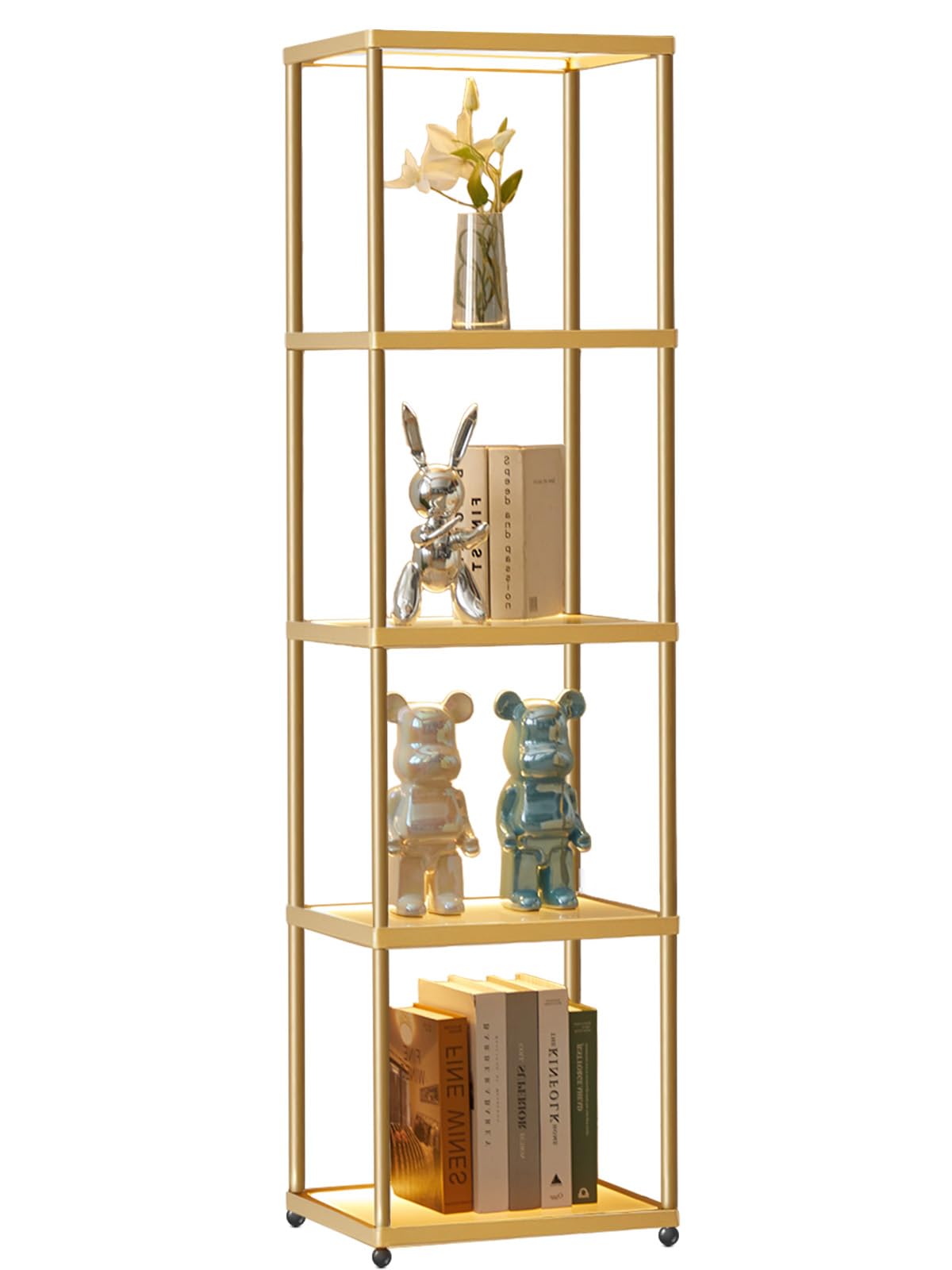MANBUR Display Shelf with Dimmable LED Floor Lamp, 5-Tier, 58.2inH x 15.7inL x 12.6inW, Iron, Gold, Model d