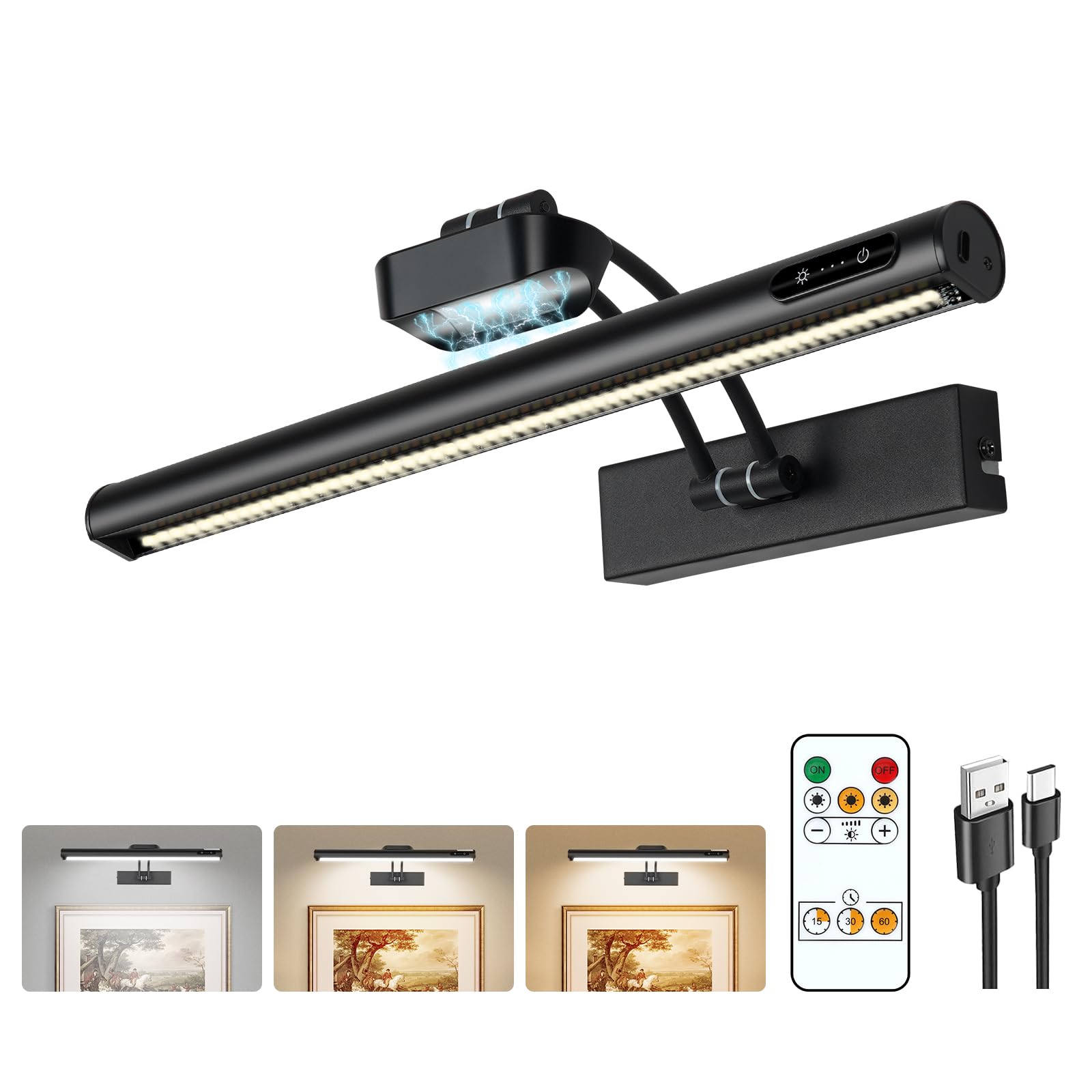 VARICART Magnetic Cordless Picture Light, 16in Metal, Remote/Touch Control, 3CCT Dimmable, Black