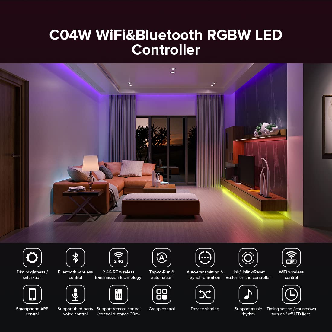 SEZO RGBW WiFi Bluetooth LED Strip Controller, Model M1C04W, Group Control, Tuya Smart Life APP Compatible, DC12-24V