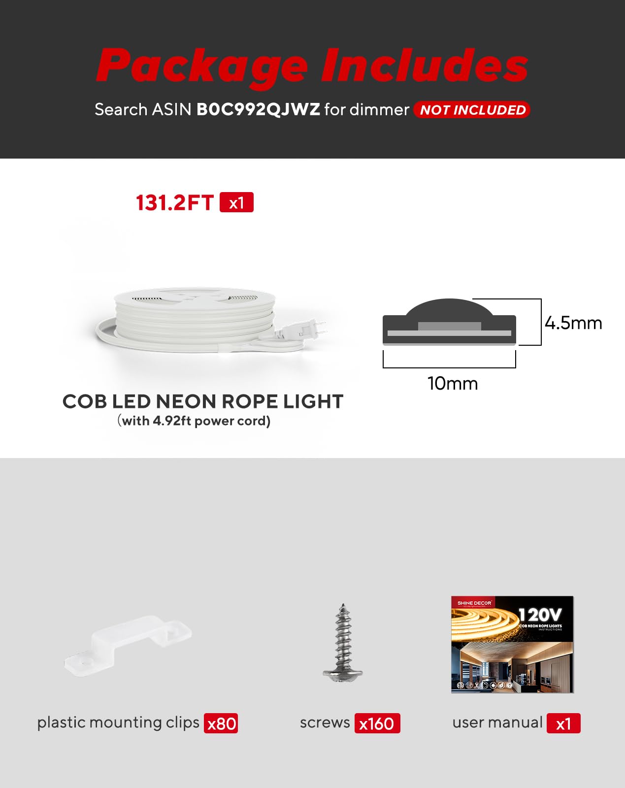Shine Decor Cob Led Rope Light Ac 120V  800Lm Ultra Bright  Ip65 Waterproof Cold-Resistant Etl Neon Strip  No Driver Tape Lighting For Home Commercial 10X4.5Mm  6000K Cool White  131.2Ft