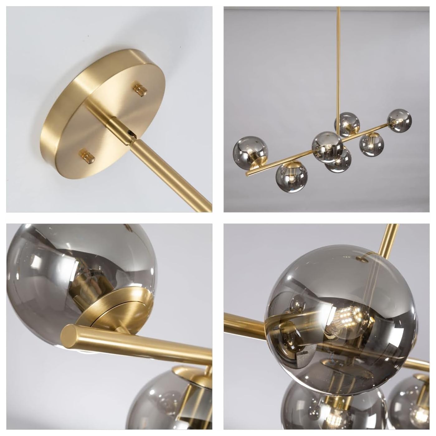 Kco Mid Century Modern 7-Light Gold Brass Sputnik Chandelier With Smoke Glass Spheres