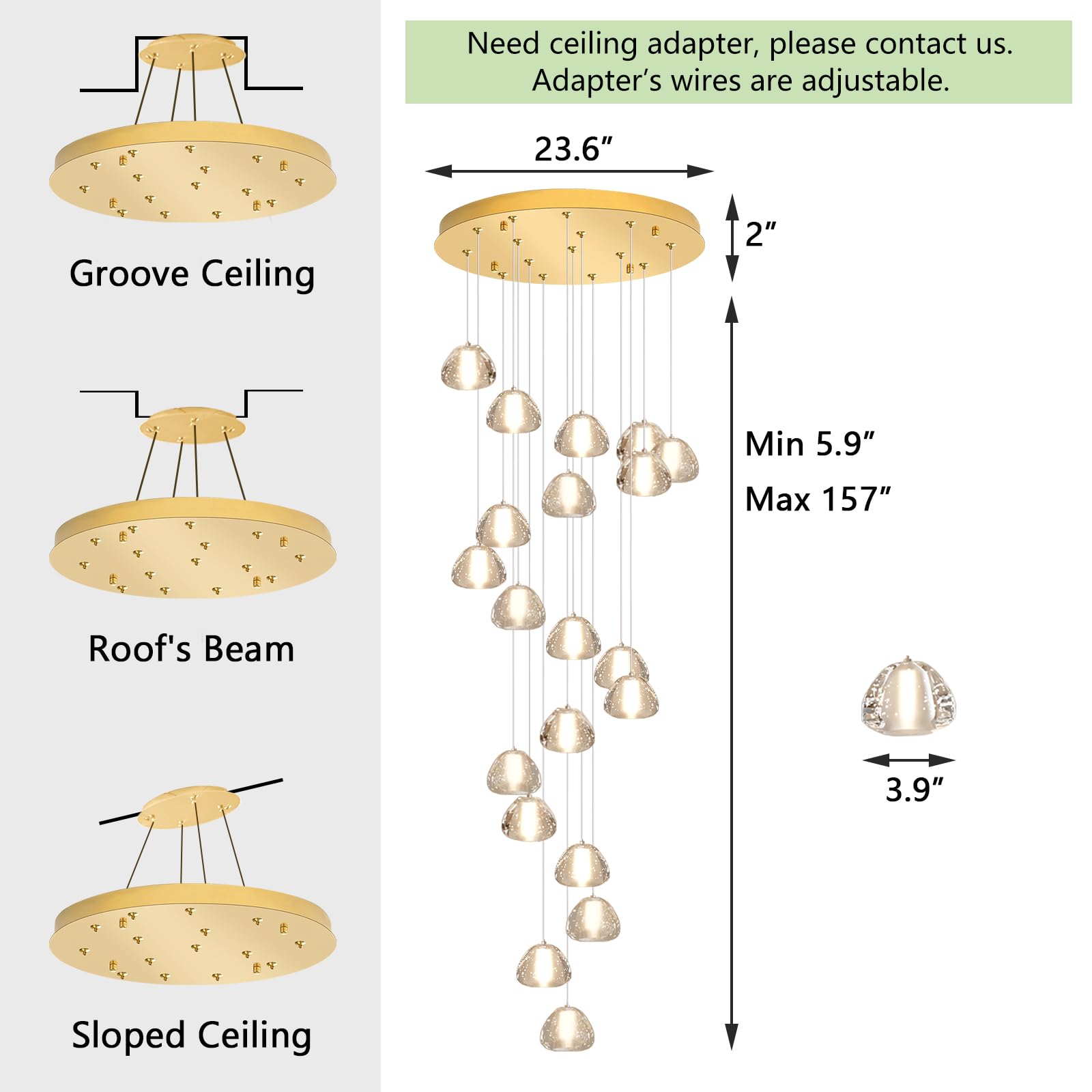 dolria Gold Crystal Chandelier - 157" Adjustable Ceiling Light, 20-Lights Round, LED for Living Room, Hallway, Entryway - Model PC0010-20G