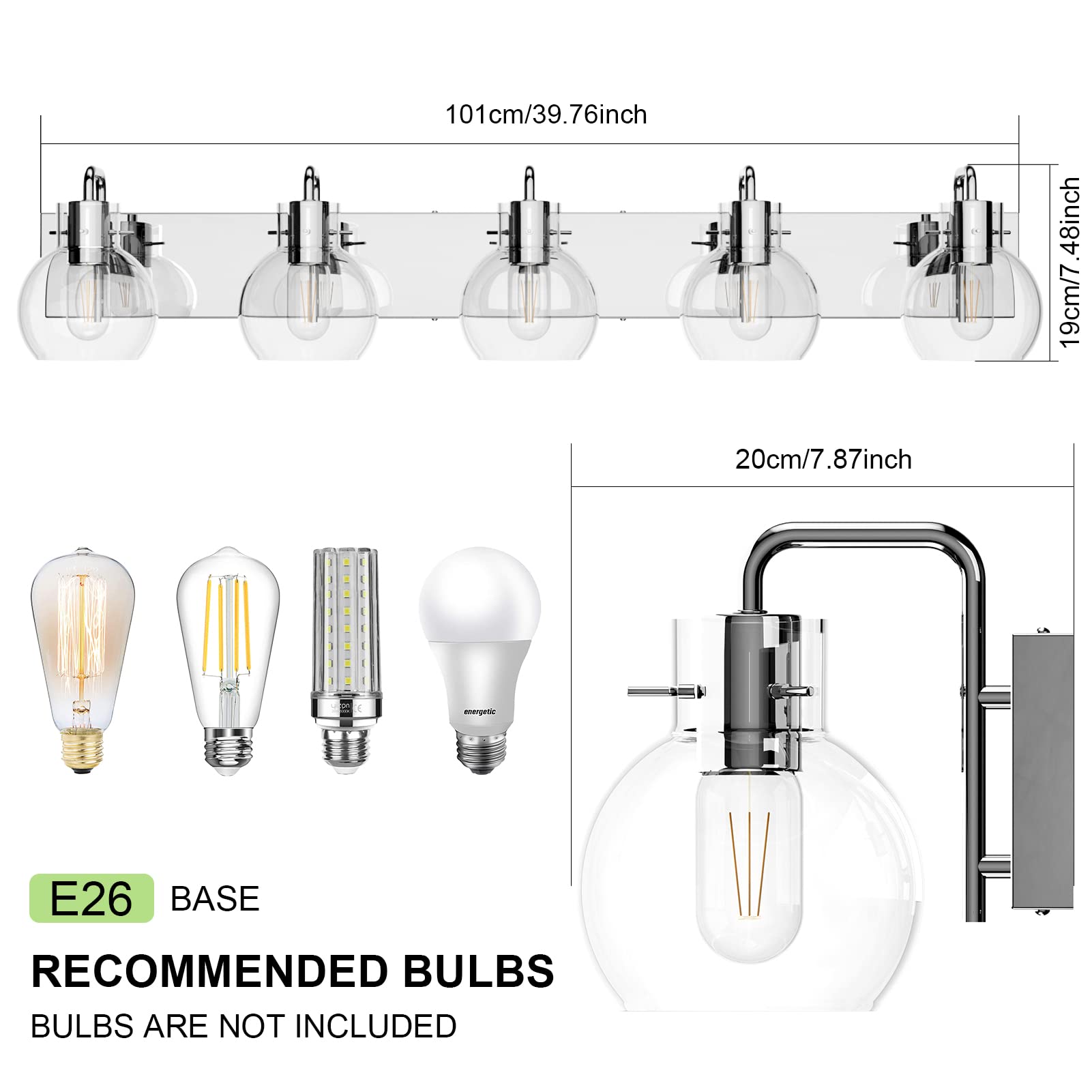 Tipace 5-Light Stainless Steel Bathroom Vanity Light Fixtures, Chrome, Modern Design, Model L-7491, with Clear Glass Shades