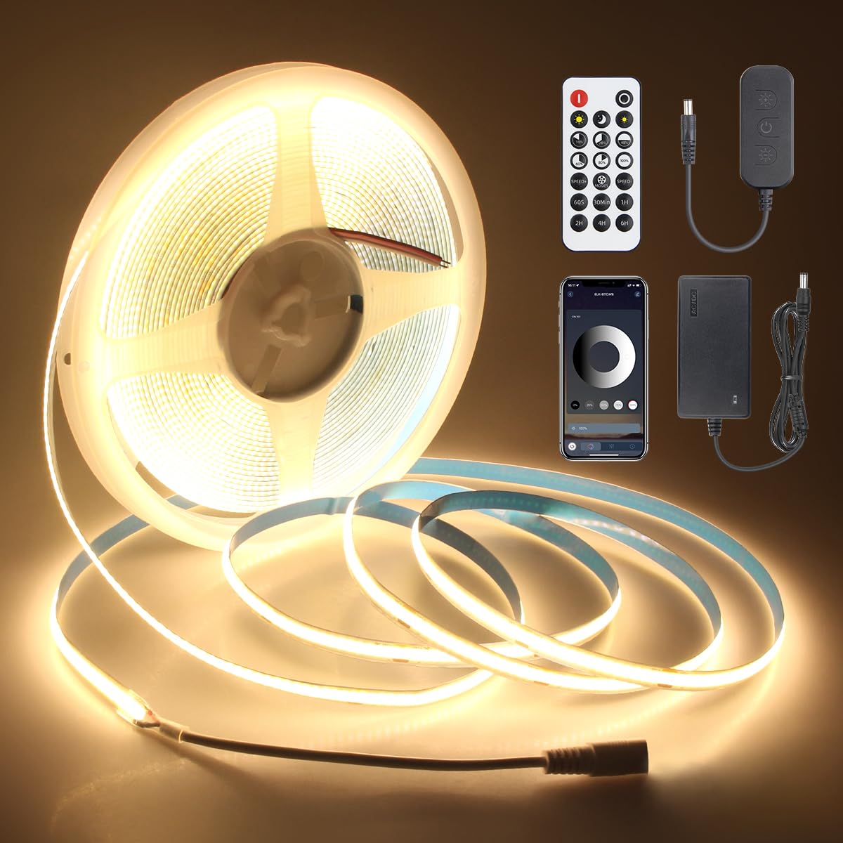 Aclorol 50FT LED Band Lights COB 3000K Warm White Dimmable 24V LED Light Band Kit High Density Bright Tape Lights with Power Supply for Cabinet Display Home DIY Lighting Projects CRI85+ 320LEDs/M