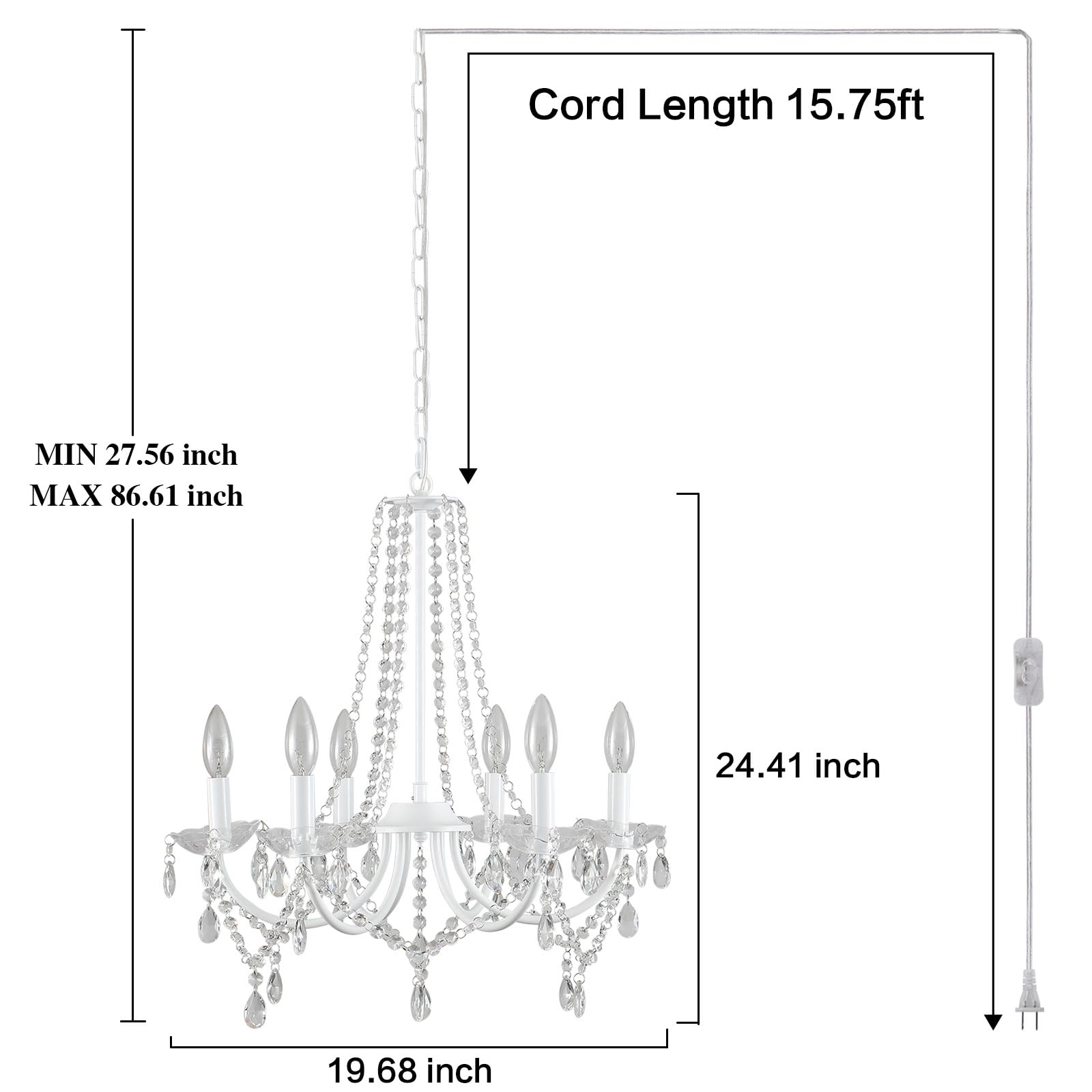 Meijia Plug In Crystal Chandeliers Lighting Fixture 6 Light Modern Crystal Chandelier With 15.75Feets Plug In Cord White Mini Pl