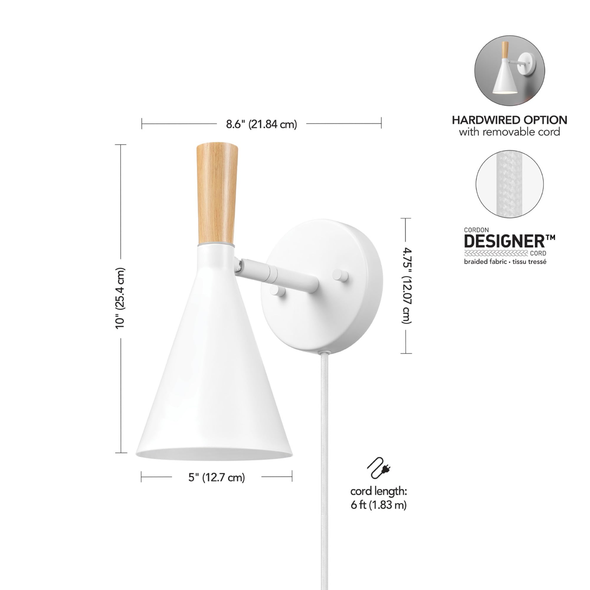 Globe Electric 65000147 1-Light Plug-In Or Hardwire Wall Sconce, Matte White, Light Wood-Toned On/Off Rotary Switch On Pivoting