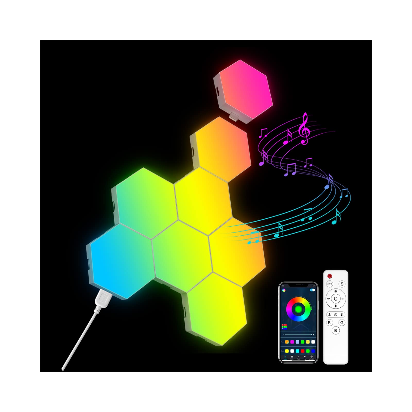OJQ Hexagon Wall Light LED Panel - Smart RGB Modular Gaming Light, Music Sync, Multicolor, Honeycomb Shape