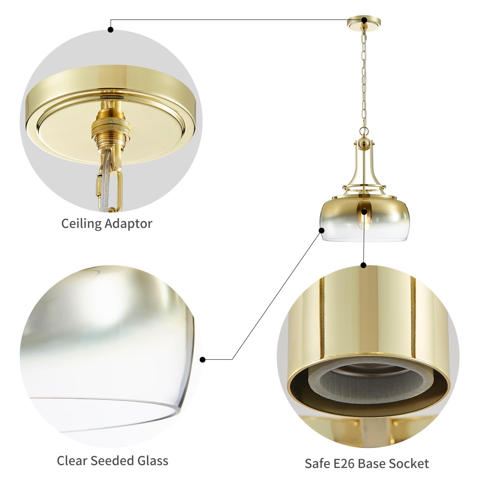 WUZUPS Gold Chandelier Pendant Light, Rustic Industrial Design, H 17" W 13.4", Gradient Glass Shade, Model USHD9607PB