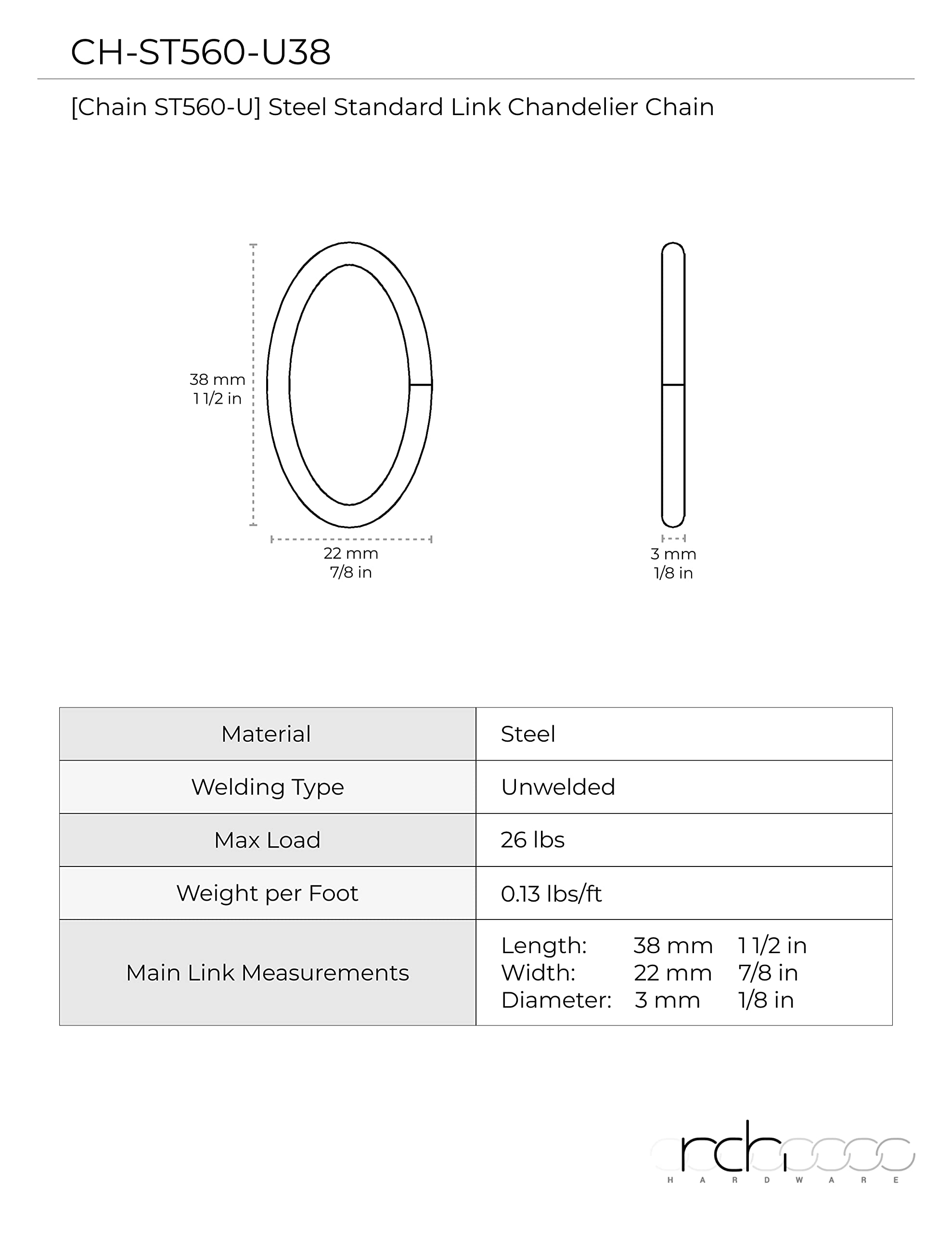 RCH Hardware Steel Chandelier Chain 3 Feet Polished Chrome Model CH-S56-10-PC-3