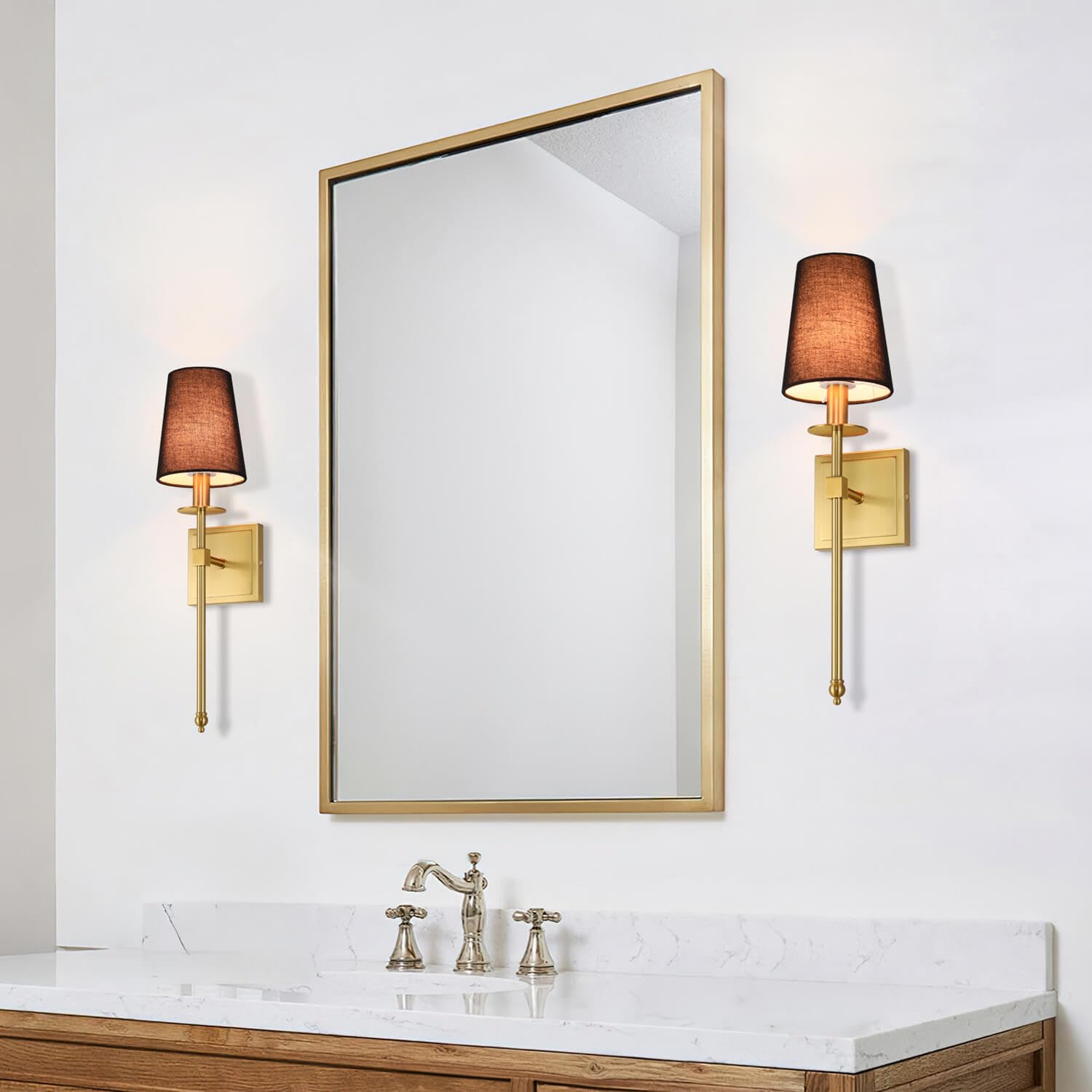 Xinbei Lighting Wall Sconces Set Of 2  Hardwired Brushed Brass Sconce Lighting With Black Fabric Shade Modern Wall Mount Light Fixture For Bathroom Bedroom Living Room Hallway Xb-W1307-Bs