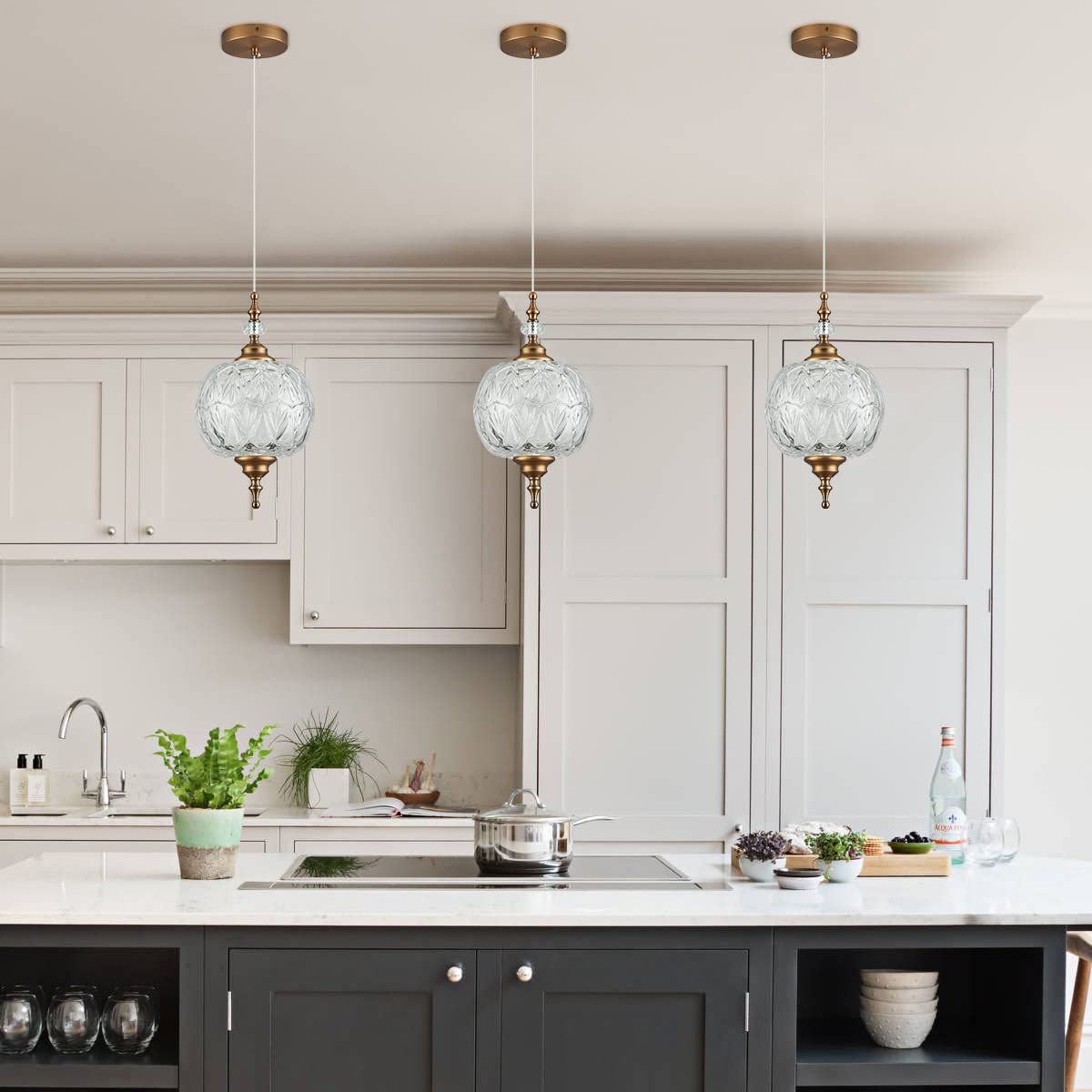 Tlolgt Modern Brass Pendant Light Antique Delicate Decorative Pattern Glass Ceiling Pendant Lighting Fixtures For Kitchen Island