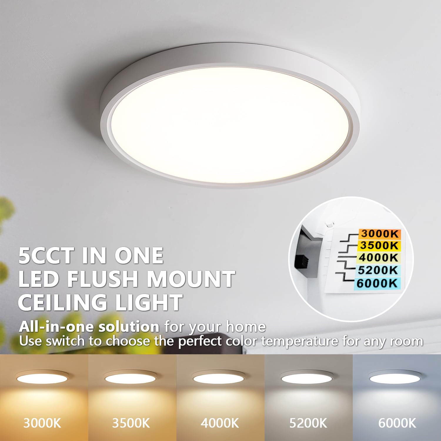 LVWIT 12 Inch LED Ceiling Light Flush Mount, 5CCT Dimmable, Plastic, White, Model JM-TH300DL