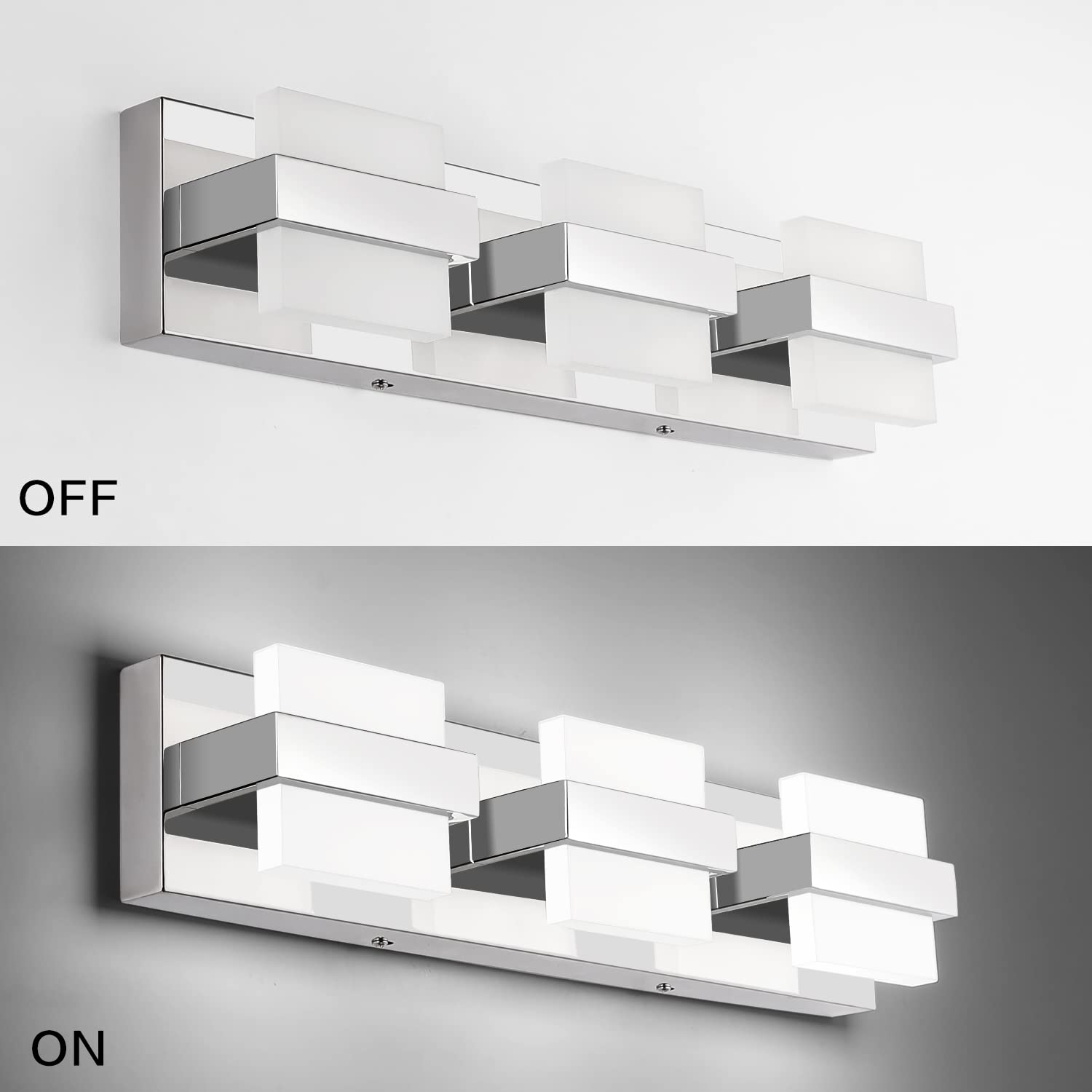 SOLFART Dimmable Bathroom Vanity Light Fixture, 3 Lights, Chrome, Stainless Steel, Model 7248-3T-WHL, Modern LED Over Mirror Lighting