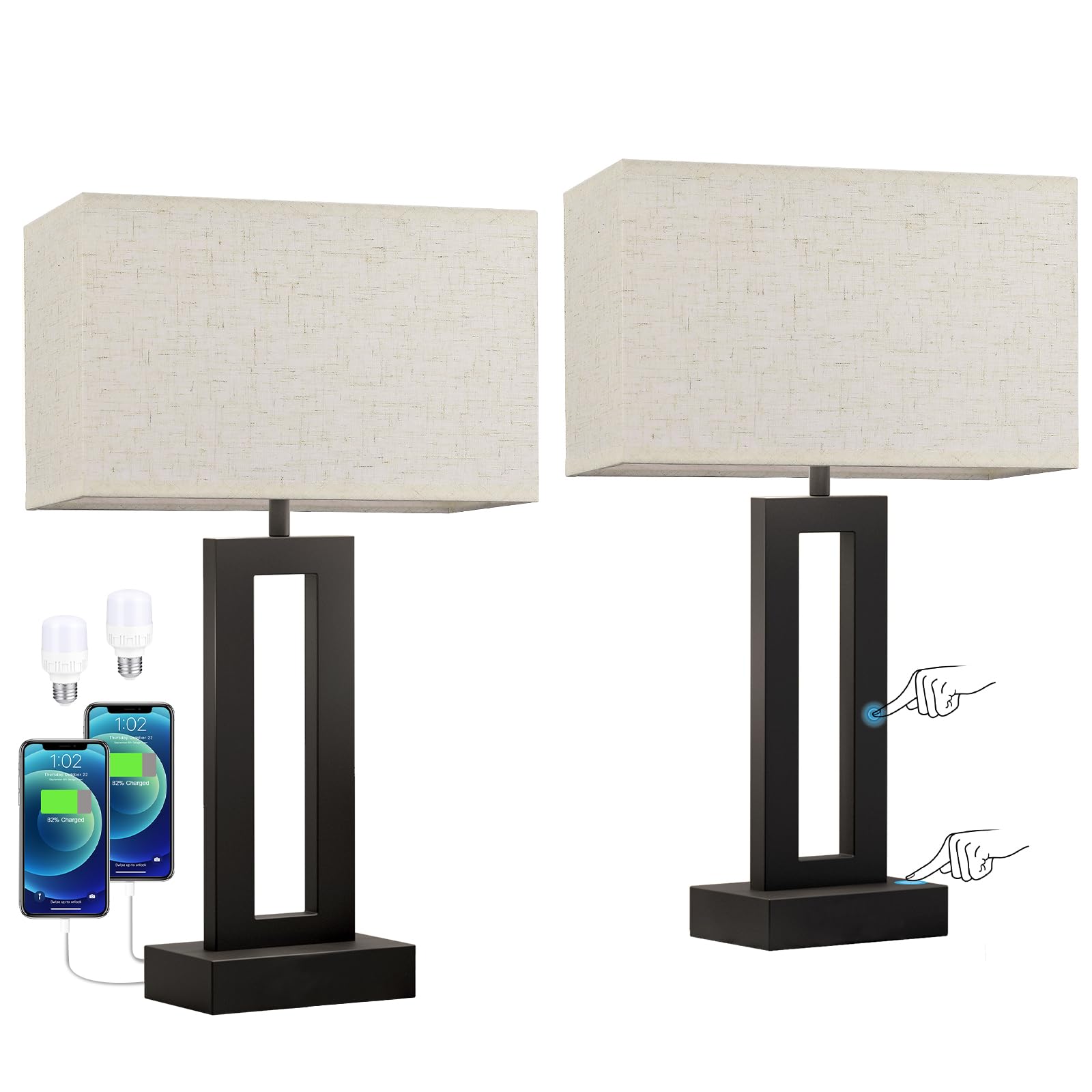 Seealle Nightstand Table Lamps Set of 2 - Touch Control, 3 Way Dimmable, Medium 19.6in, Cream & Black