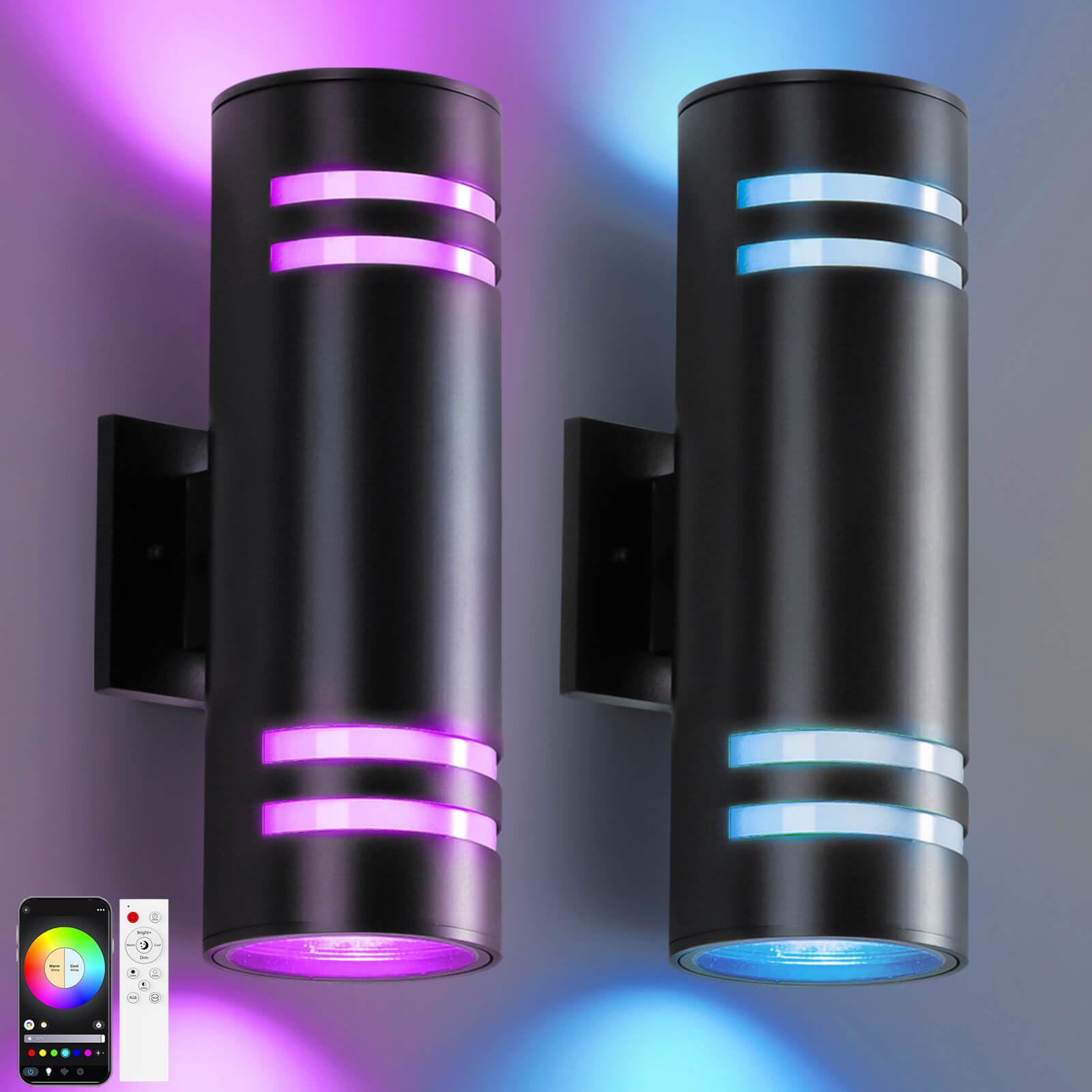KIZON Smart Porch Lights 2 Pack, Modern Dusk to Dawn Outdoor Wall Lights Color Changing, Dimmable RGB Exterior Sconce Up and Dow