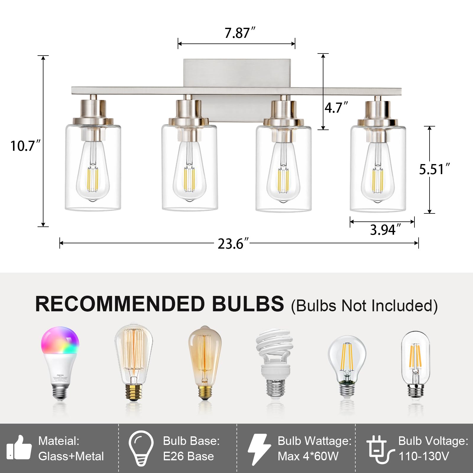 HCCZ 4 Light Bathroom Vanity Light Fixtures Brushed Nickel Glass Shade Model 800-100-1080 for Modern Farmhouse Decor