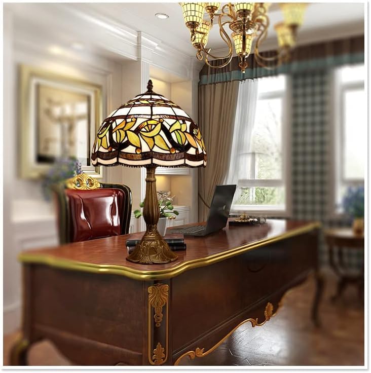 Miaoke Stained Glass Table Lamp Stained Glass Crystal Bead Style Table Light  Handmade Desk Bedside Night Light  Antique Art Craft Gifts Lover Living Room Bedroom Bookcase (Lace Baroque)