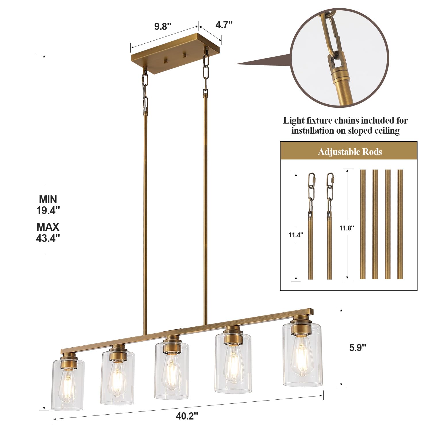 Mecgirn 5-Light Linear Chandelier Pendant Light, Brushed Brass Metal Fixture for Kitchen Island & Dining Room, Model D0017-5-Brass