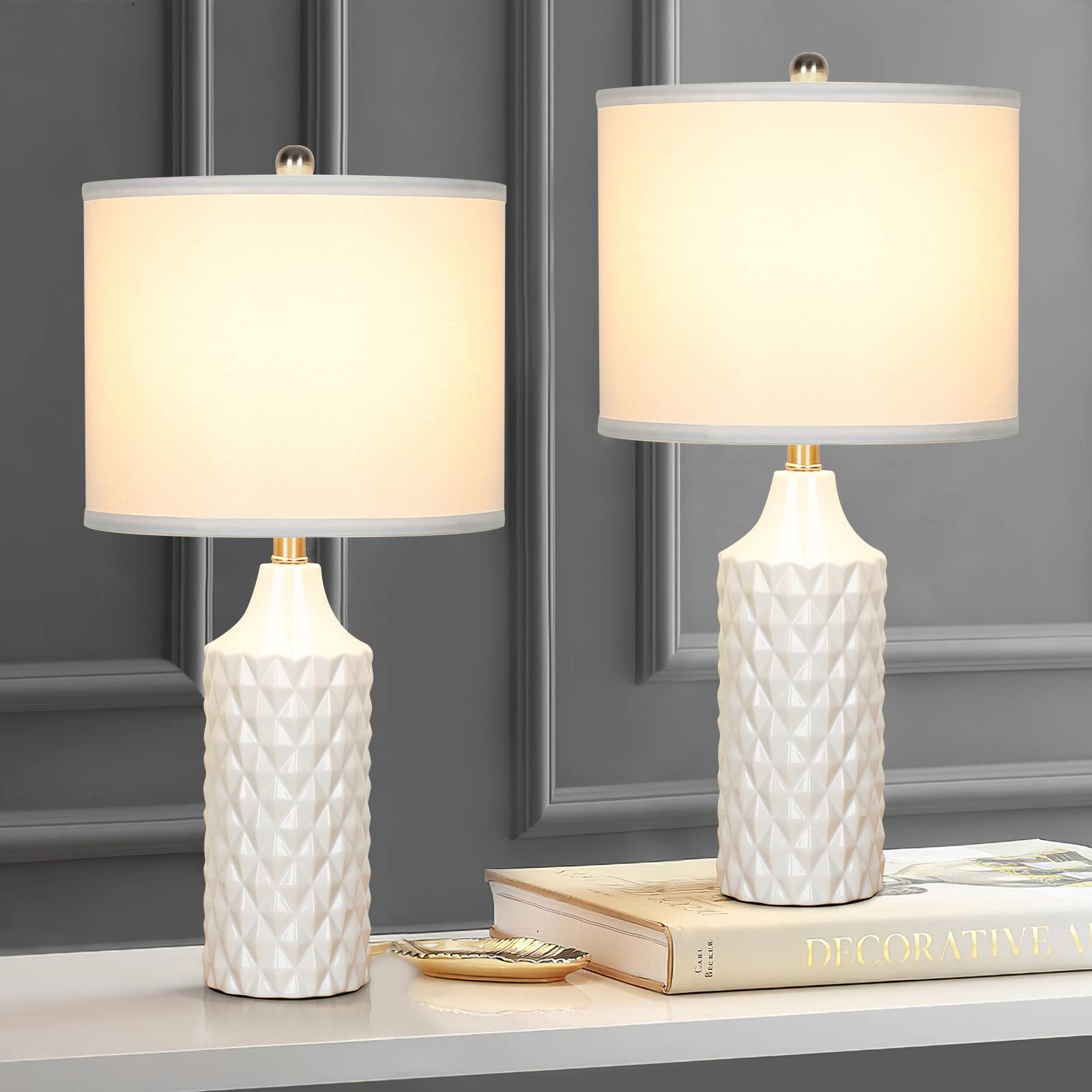Qingmiao 25&quot; White Ceramic Table Lamps Set Of 2, Dimmable Nightstand & Living Room Lighting