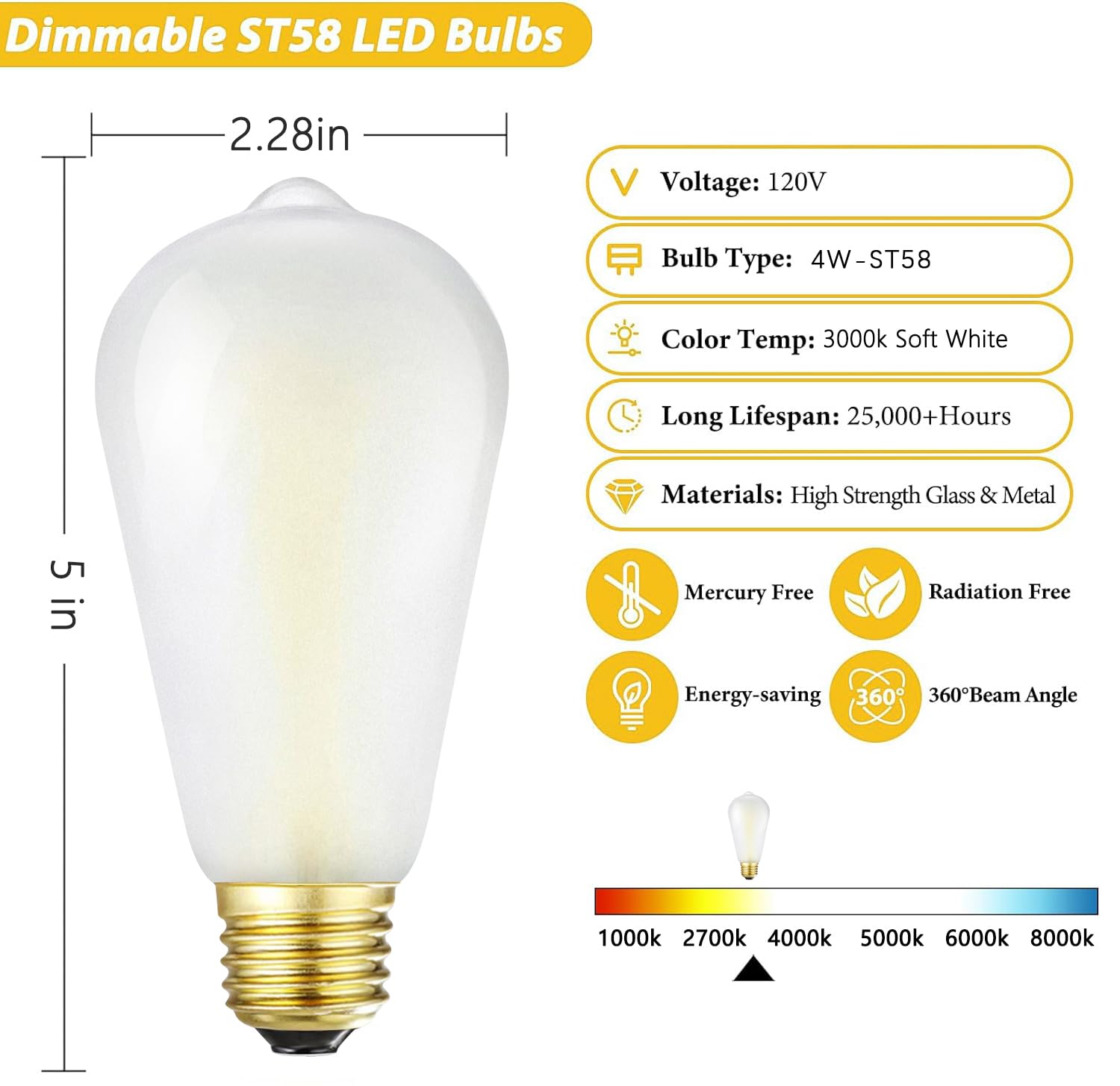 HOMOSUM E26 Frosted Vintage LED Bulbs, 4W (40W Equivalent), Soft White 3000K, Dimmable ST58, Pack of 6, 90