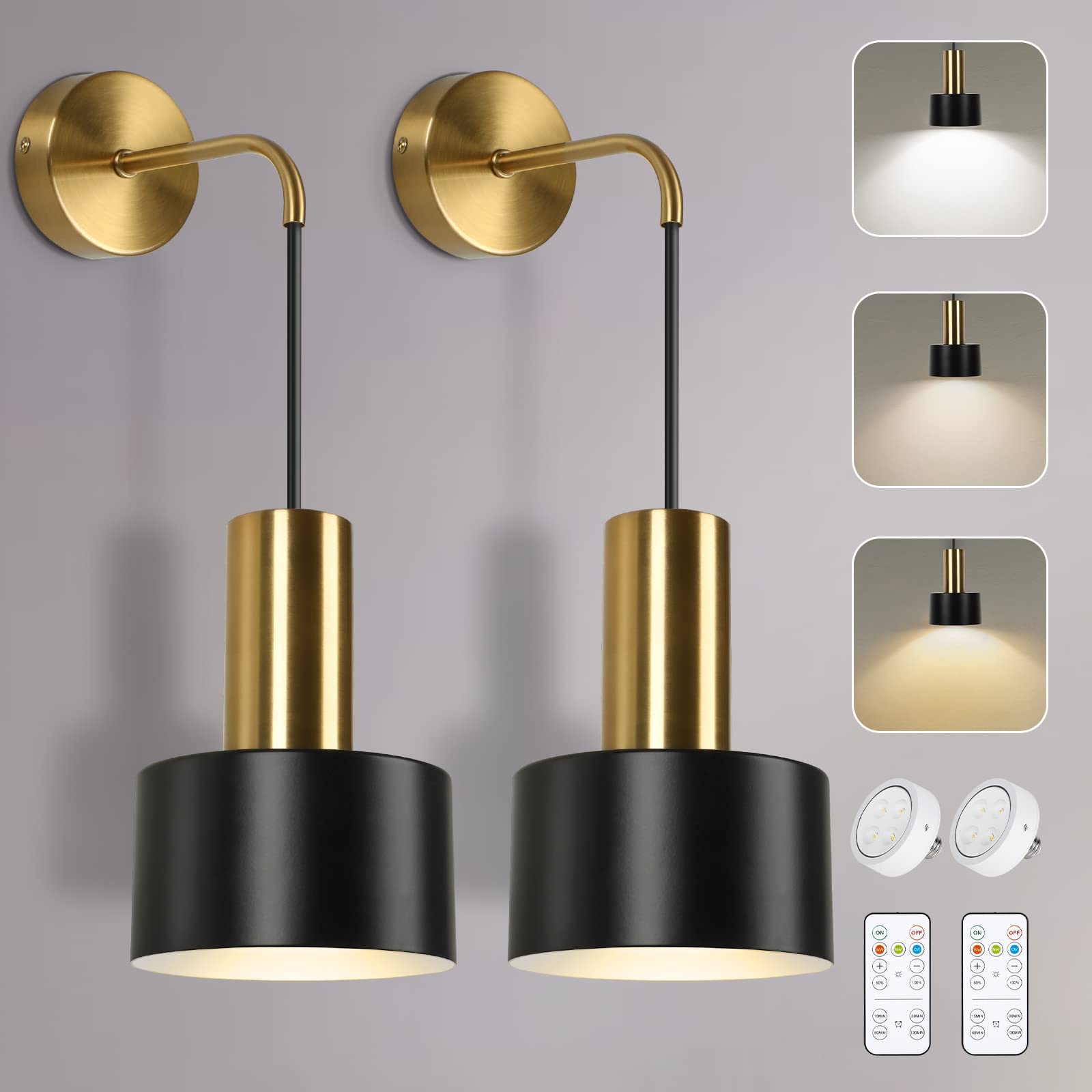 VerRon Set of 2 Battery Operated Wall Sconces  Wireless Wall Lights with Remote  Black & Gold Dimmable Wall Lamps with 3000K/4000K/6000K LED Bulbs  Modern Sconces for Bedroom Living Room Hallway