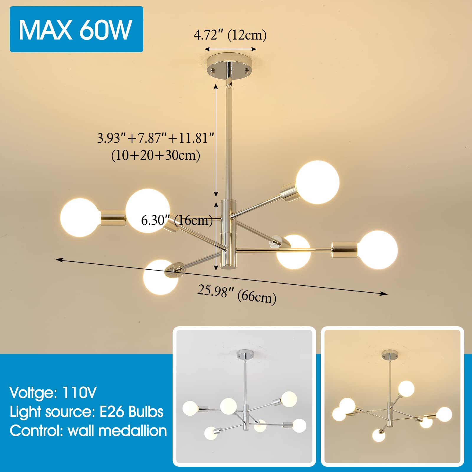 Hhr 6-Light Chrome Sputnik Chandelier - Adjustable Industrial Ceiling Light For Home Decor