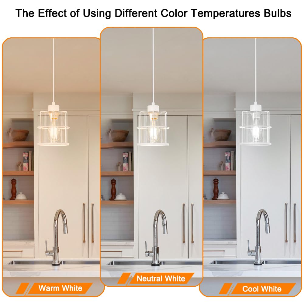 Modern White Industrial Pendant Light Fixtures, Clear Glass Cage Pendant Lights Kitchen Island, Adjustable Cord Medium Milk Hang