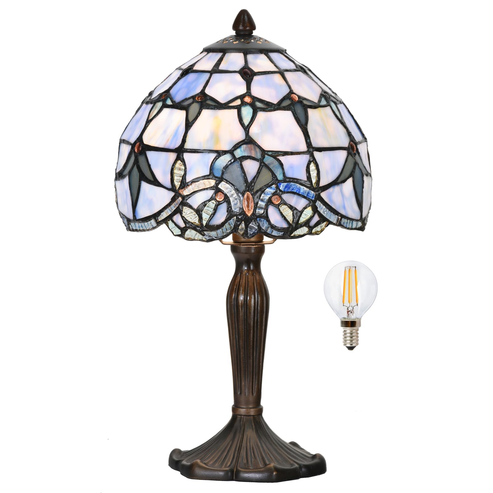 HomeBeauty TL0006 Small Tiffany Lamp Baroque Design Handcrafted Stained Glass Table Lamp for Small Space Bedroom Bedside Nightstand Home Office  8 W x 14.25 H  LED Bulb Included (Blue Baroque)