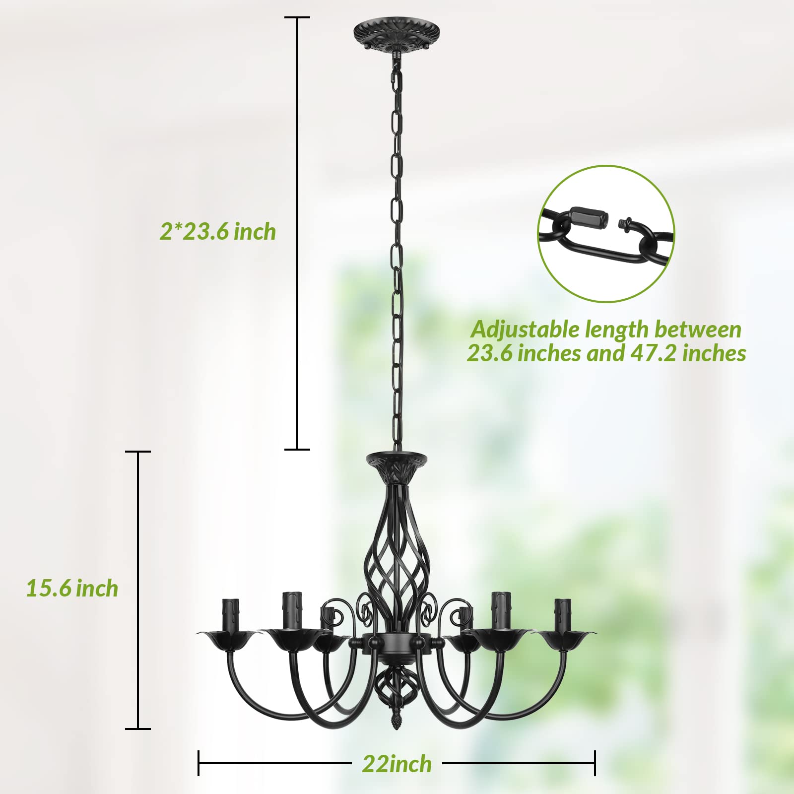 VerRon 6-Light Farmhouse Candle Chandelier, Matte Black Metal Pendant Light, Rustic Vintage Design for Living Room, Bedroom, Kitchen, Model JP21503