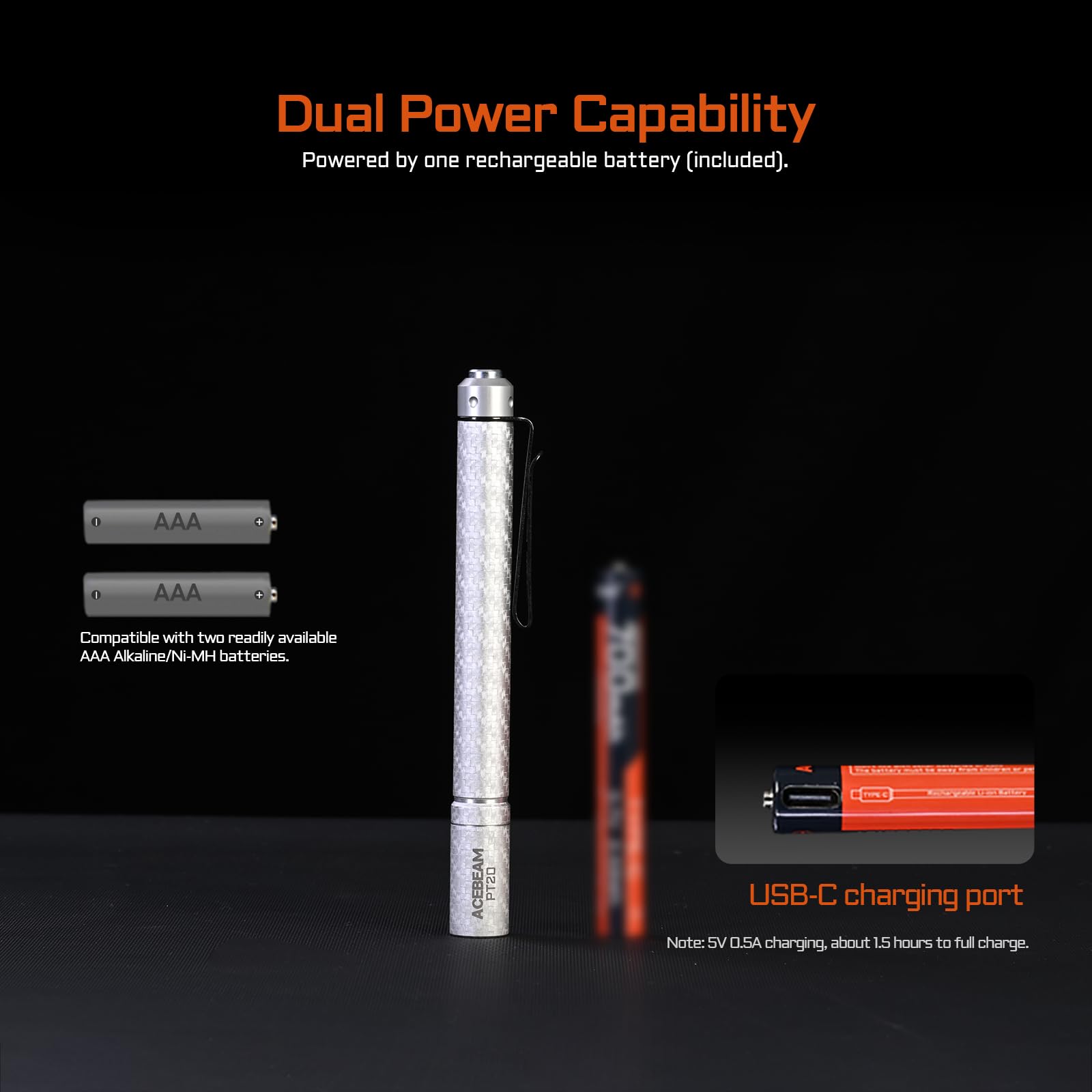 Acebeam Pt20 2 Aaa Edc Flashlight Rechargeable, 500 High Lumens Pen Flashlight With Clip, Compact Pocket Mini Led Flash Light, S