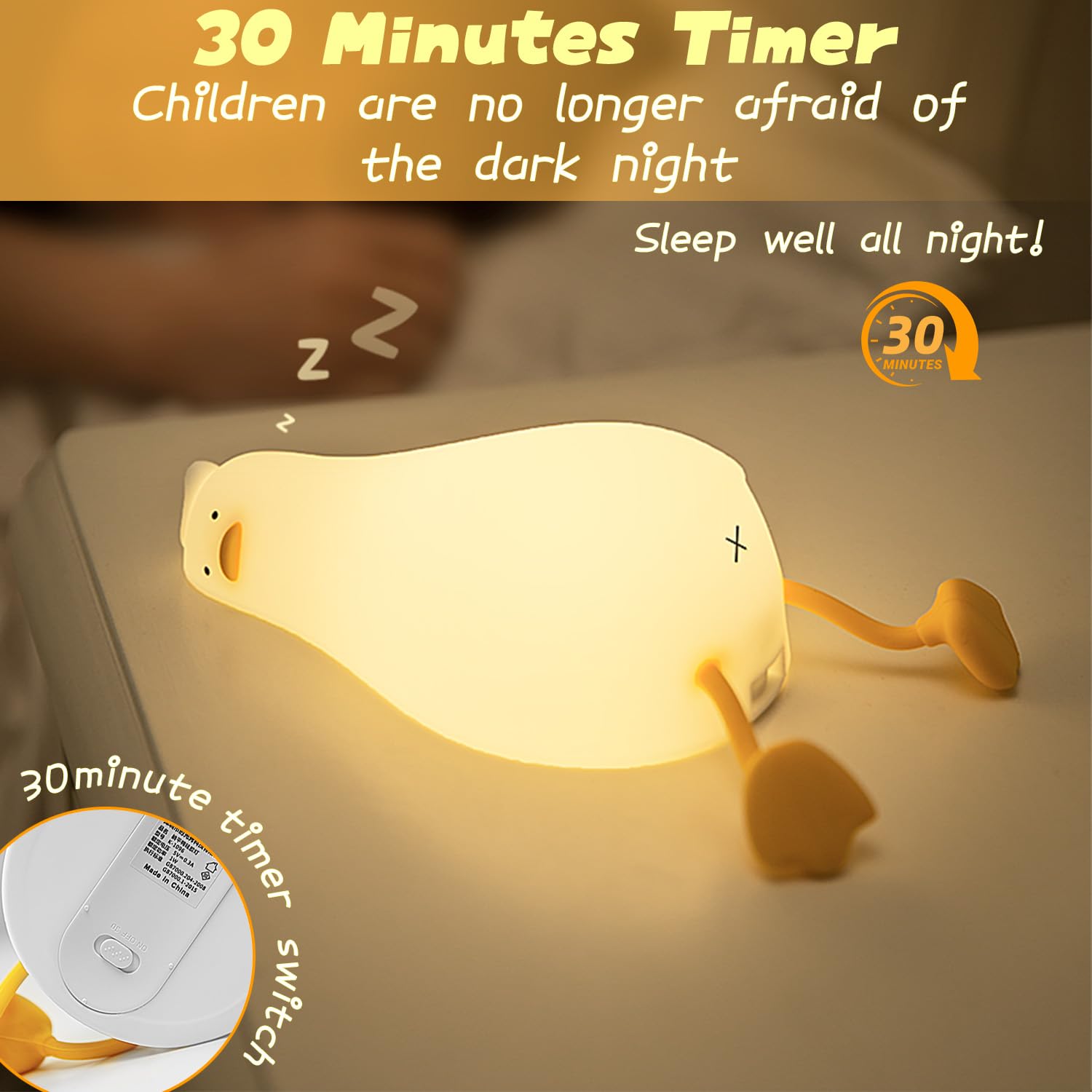 HoHaing Benson Lying Flat Duck Night Light, 3 Level Dimmable Nursery Nightlight, LED Squishy Cute Duck Lamp, Silicone Rechargeab