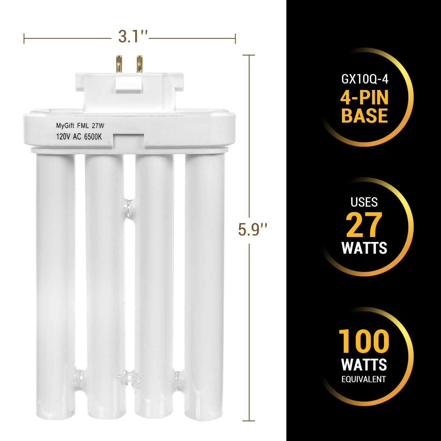 Mygift Fluorescent Light Bulb 4 Pin 6500K 27 Watt With Quad Tubes Gx10Q-4 Base, Replacement Bulb For Light Of America Lamps