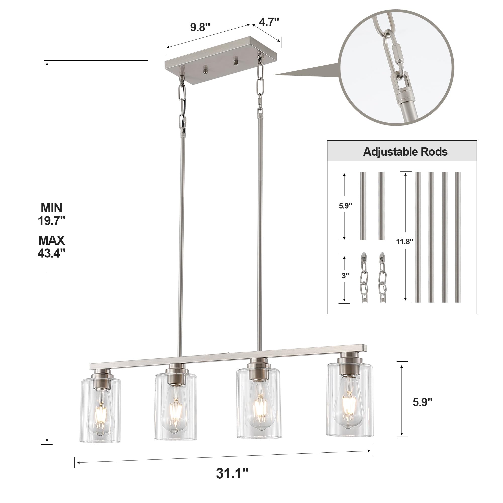 Mecgirn 4-Light Brushed Nickel Linear Chandelier Pendant Light Fixture for Kitchen Island and Dining Room D0017-4