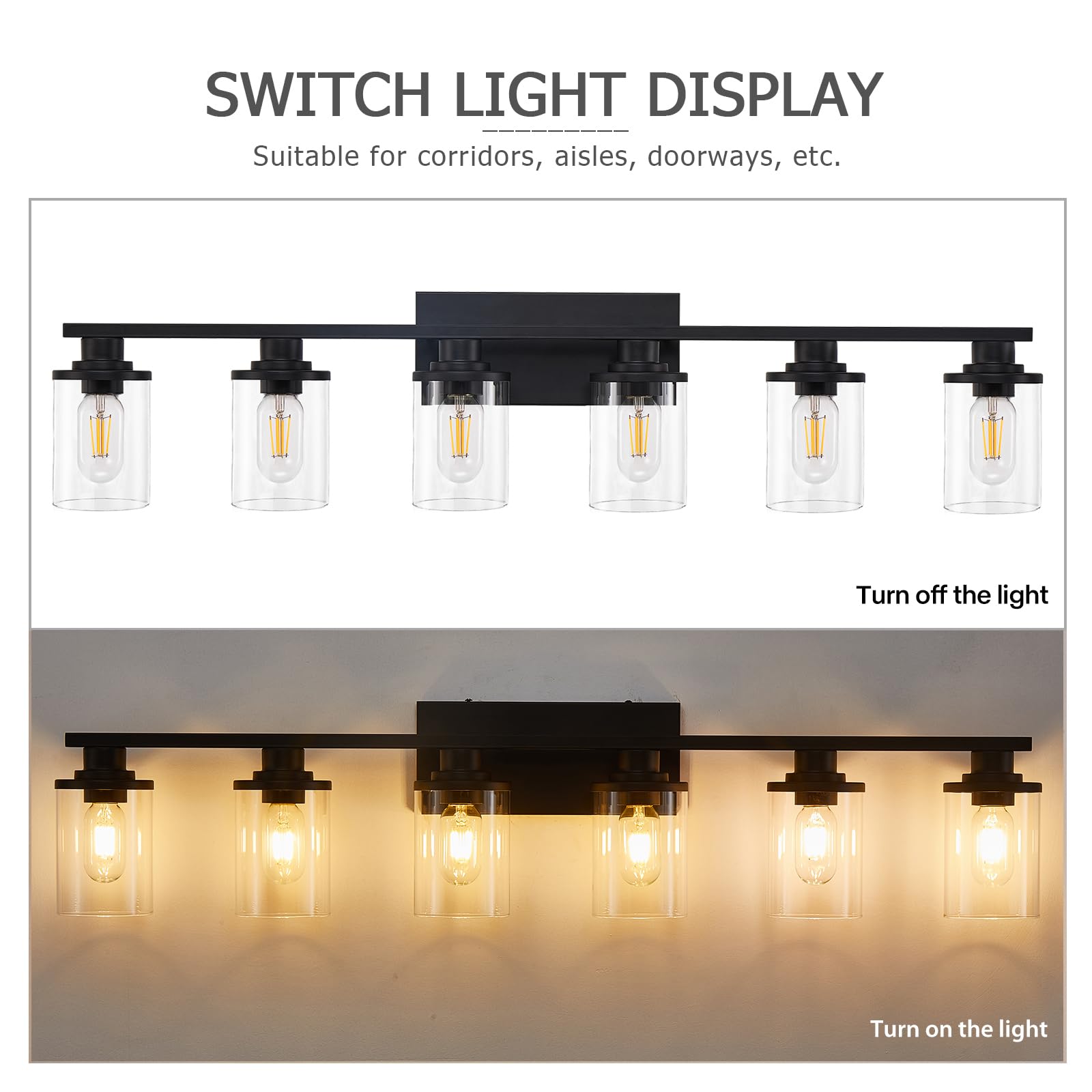 stambord Matte Black Bathroom Vanity Light, 6 Light Fixtures, Clear Glass & Metal Base, Model B70