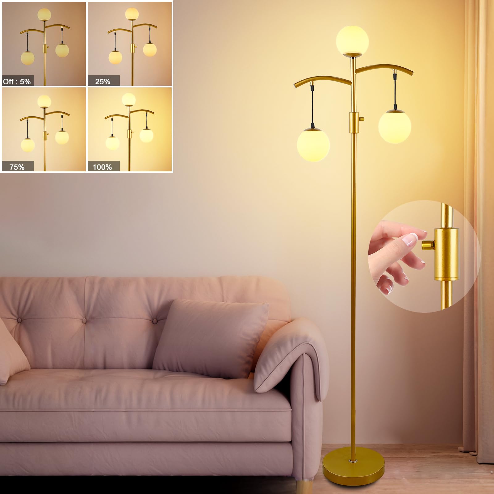 Lightdot 67IN Tree Floor Lamp, Dimmable Vintage Design, Gold Metal, E26 LED Bulbs Included, Model LFLL-95-G