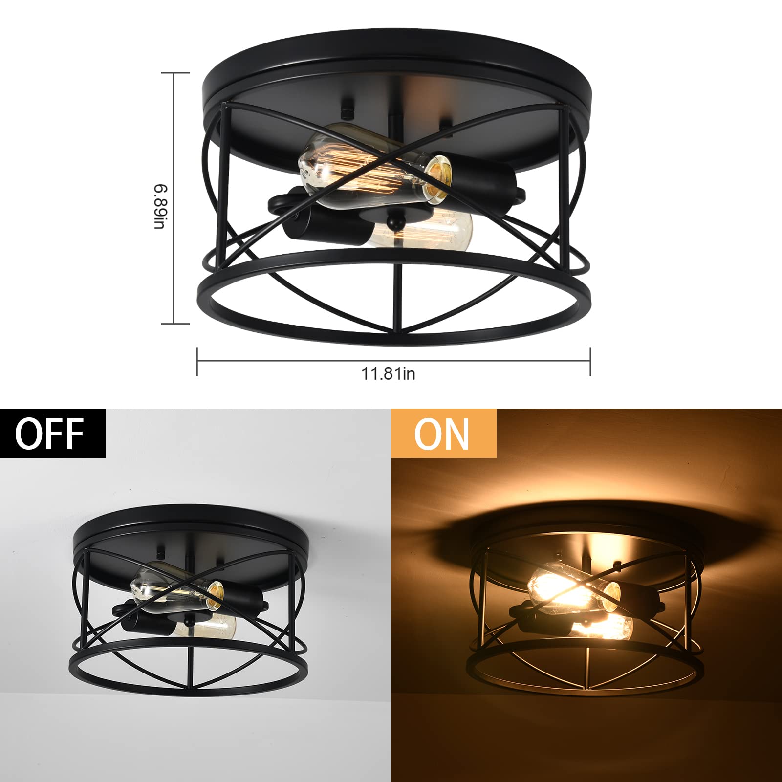 Weltrans 2-Light Flush Mount Ceiling Light Fixture, Industrial Modern Black Ceiling Lamp, Vintage Farmhouse Light Fixture For Ha