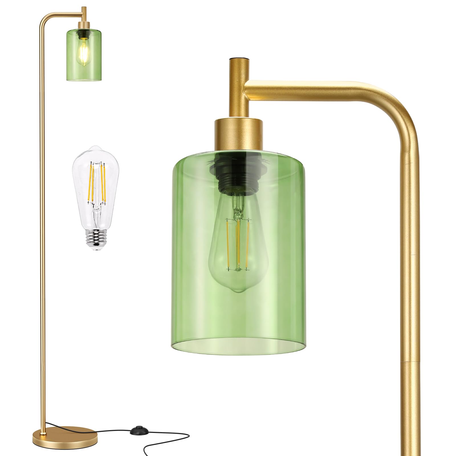 Ziisee Floor Lamps for Living Room - Industrial Standing Lamp with Green Glass Shade, Modern Gold Floor Lamp with LED Bulbs, Far