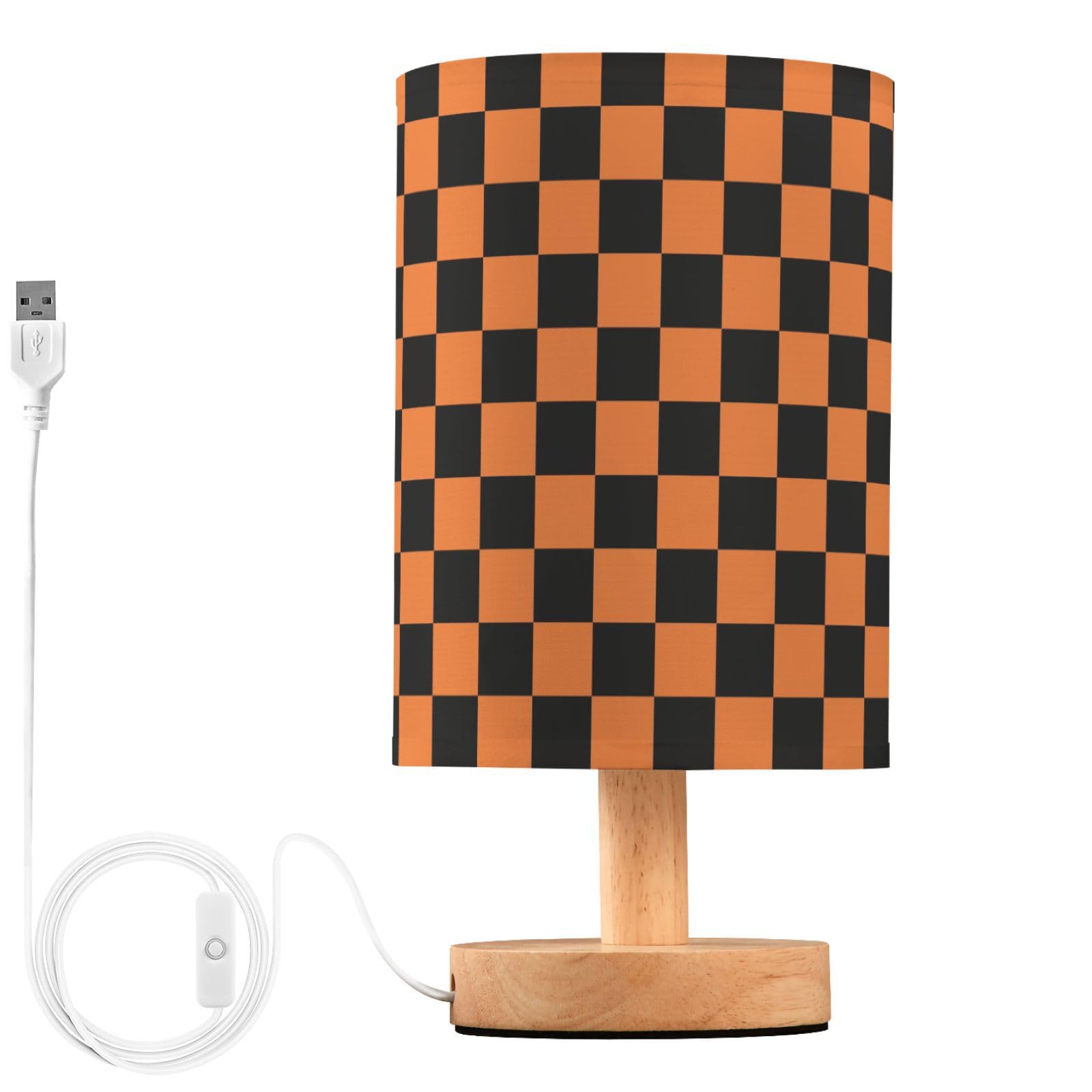ALAZA Black Orange Checkered Plaid Halloween Decor Bedside Table Lamp with USB Port for Bedroom Nightstand Office Desk LED Bulb 
