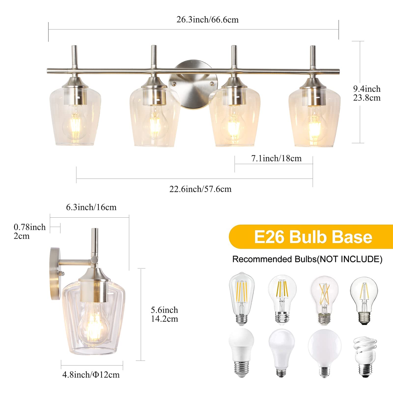 foucasal Bathroom Light Fixtures 4-Light Brushed Nickel Vanity Light with Clear Glass Shade Model ULB0046H-4SHANIE