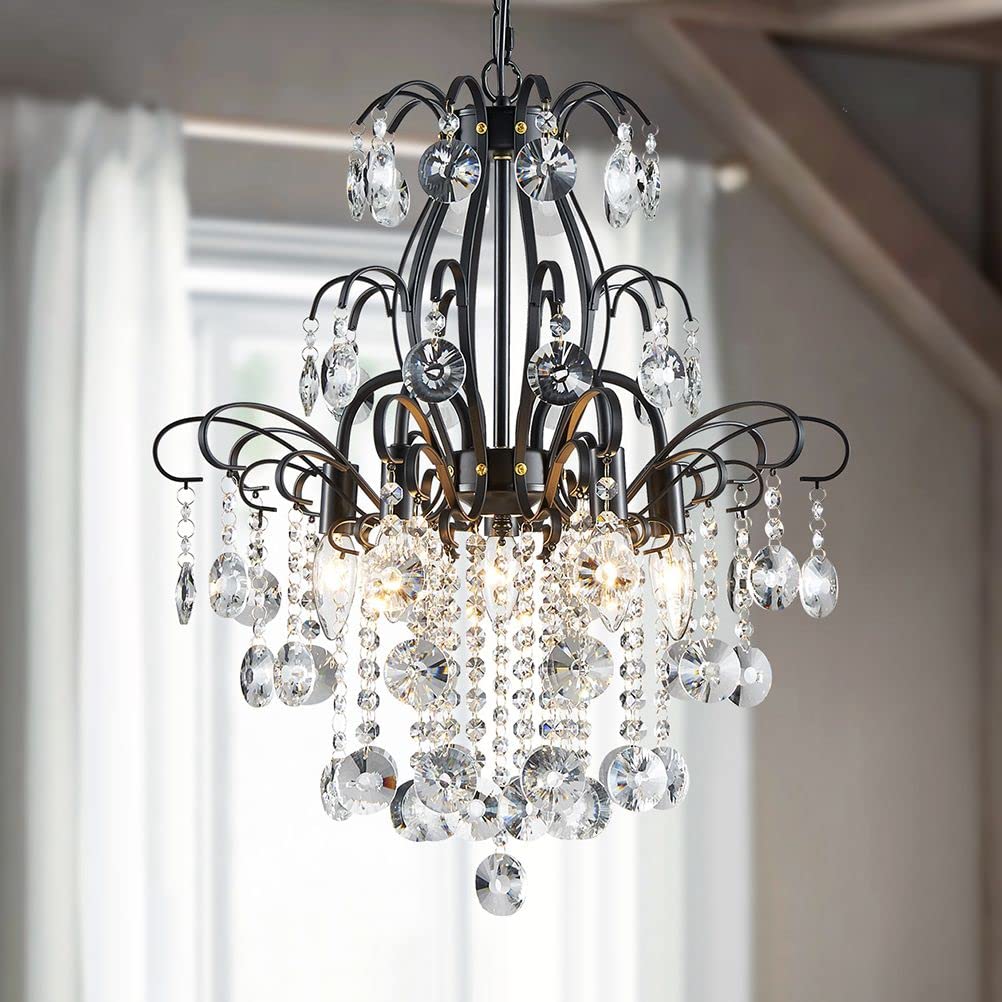 Wuzups 5-Light Black Crystal Chandelier Pendant Light For Bedroom, Kitchen, Bar, H22.6&quot; W19.2