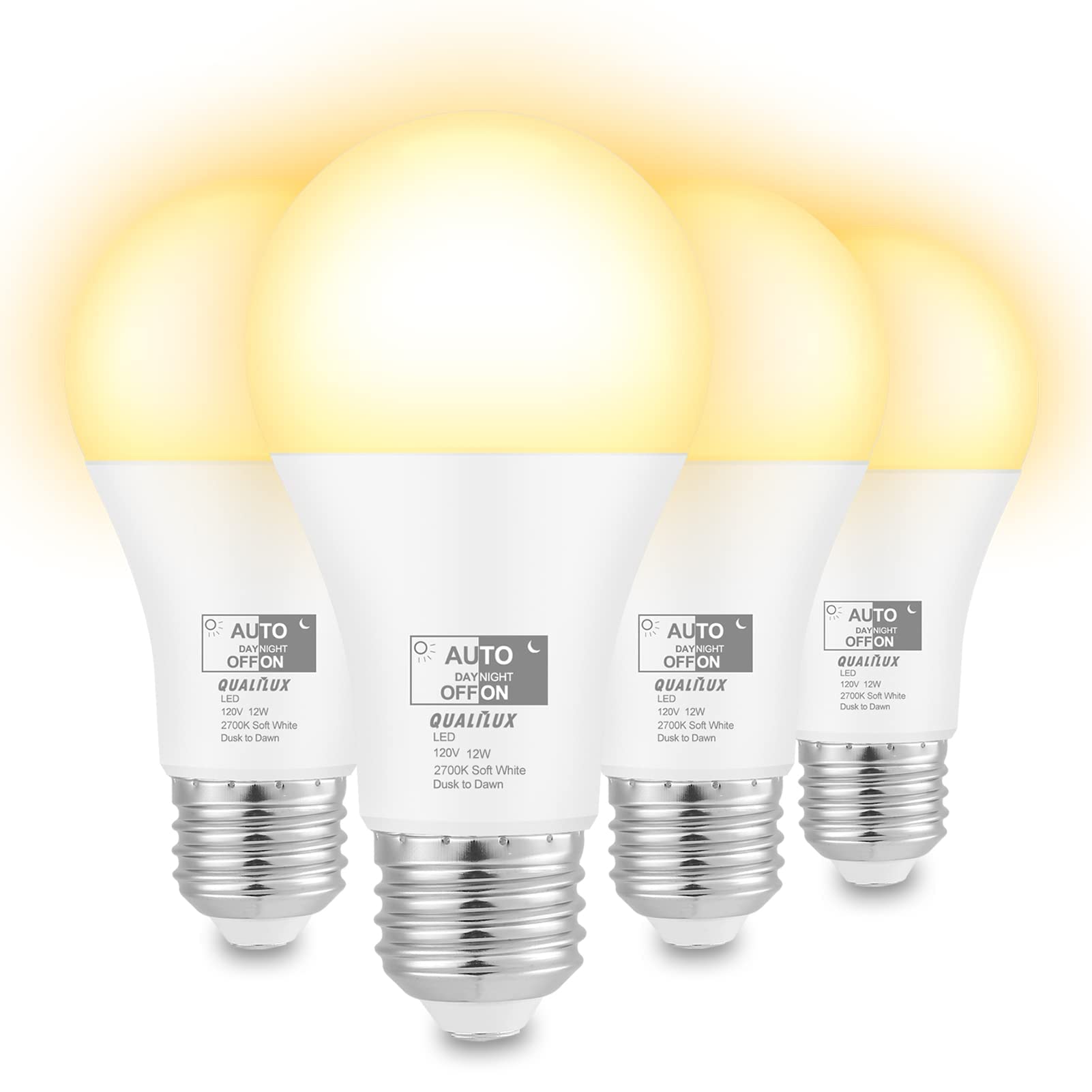 Qualilux Dusk To Dawn Light Bulbs 1000 Lumen, Soft White, Led 12W, A19 E26, 4-Pack, Hq-H022