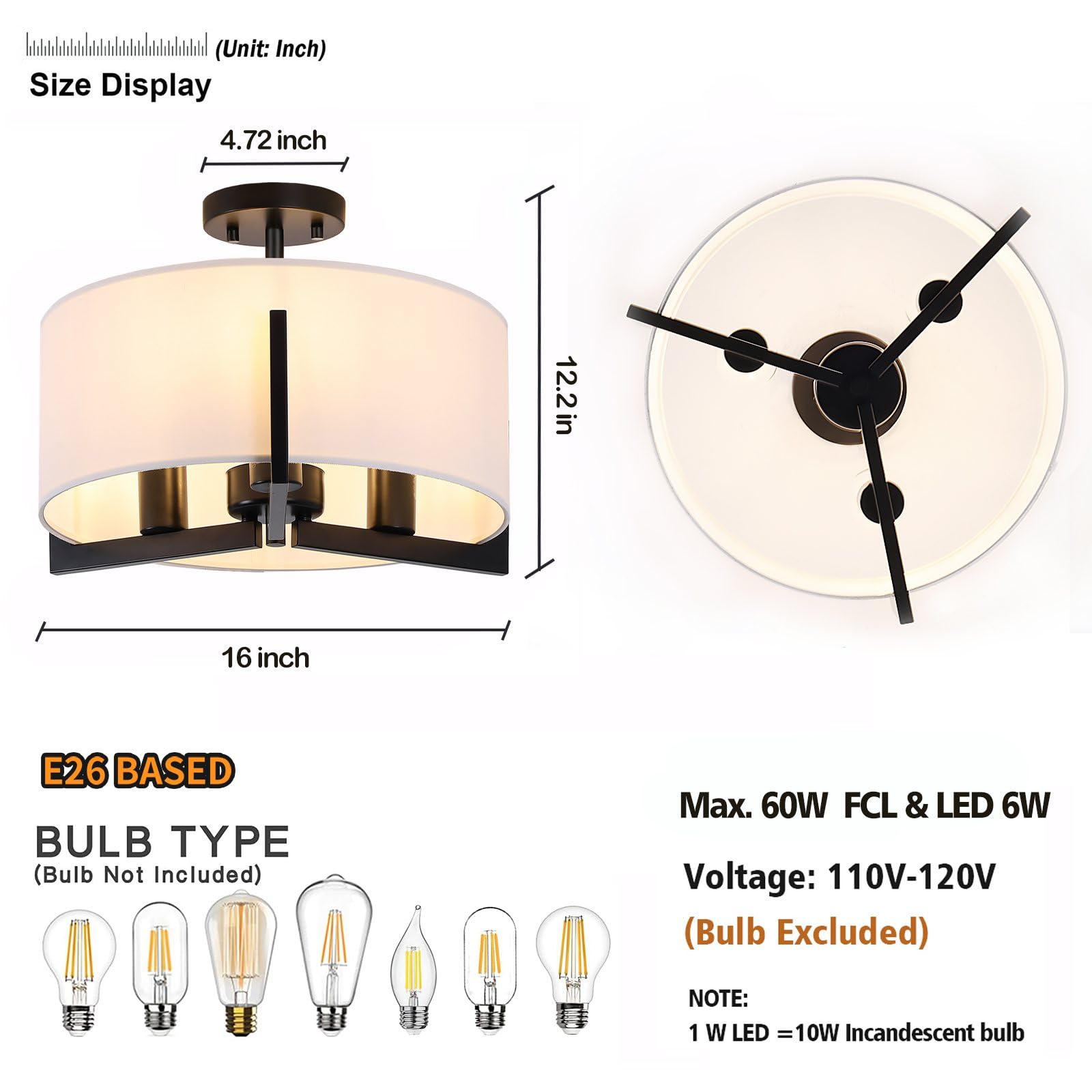 Mecuss 16 Inch Semi Flush Mount Ceiling Light: 3-Light Black Modern Light Fixtures Ceiling Mount With Drum Fabric Shade, Close T