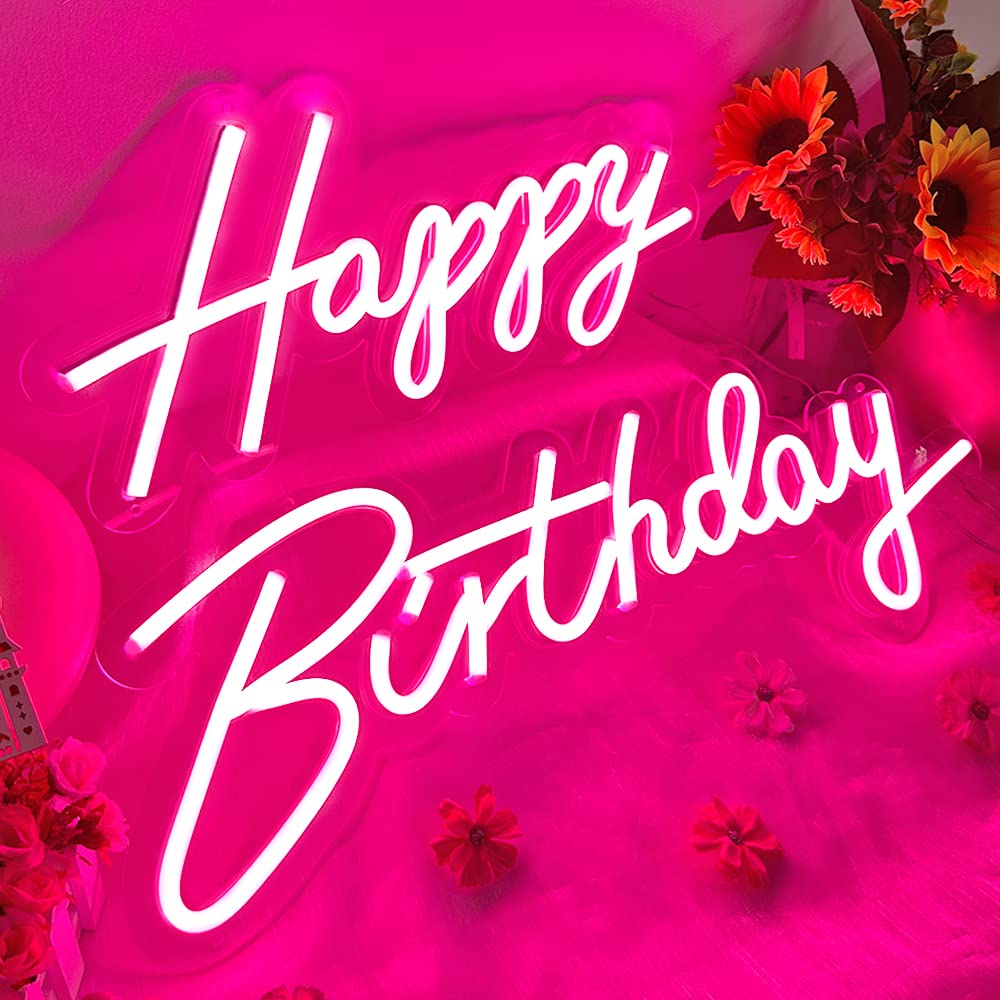 Divatla Neon Sign - 40in/23in Pink Happy Birthday Light Up Sign - Dimmable Acrylic Decoration for Parties, Model 656