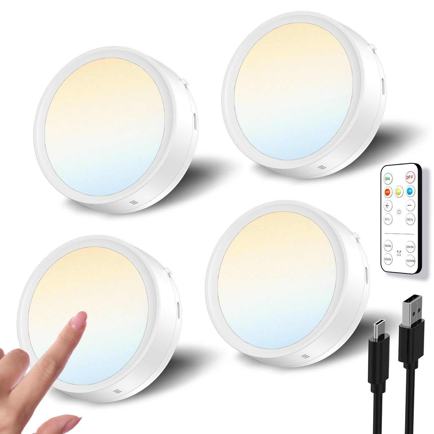 Tedmos USB Rechargeable LED Puck Lights, 1600mAh Battery, 4 Pack, 3000K/4000K/5000K, Magnetic Touch Control, Model TD-U