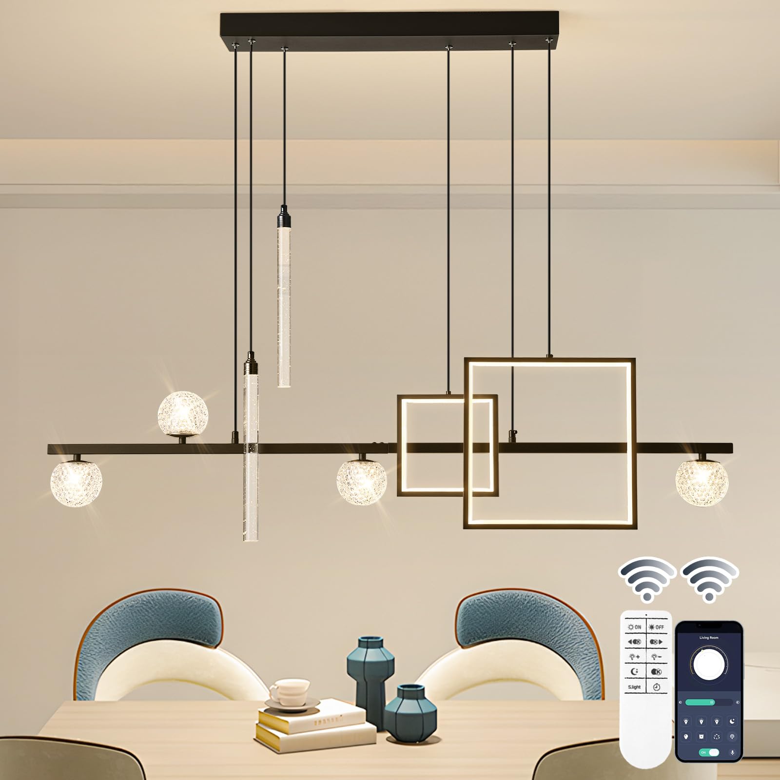 ORANOOR Modern LED Pendant Lights, 47in Dimmable Linear LED Chandelier Lighting, Square Black & Gold Dining Room Hanging Light F