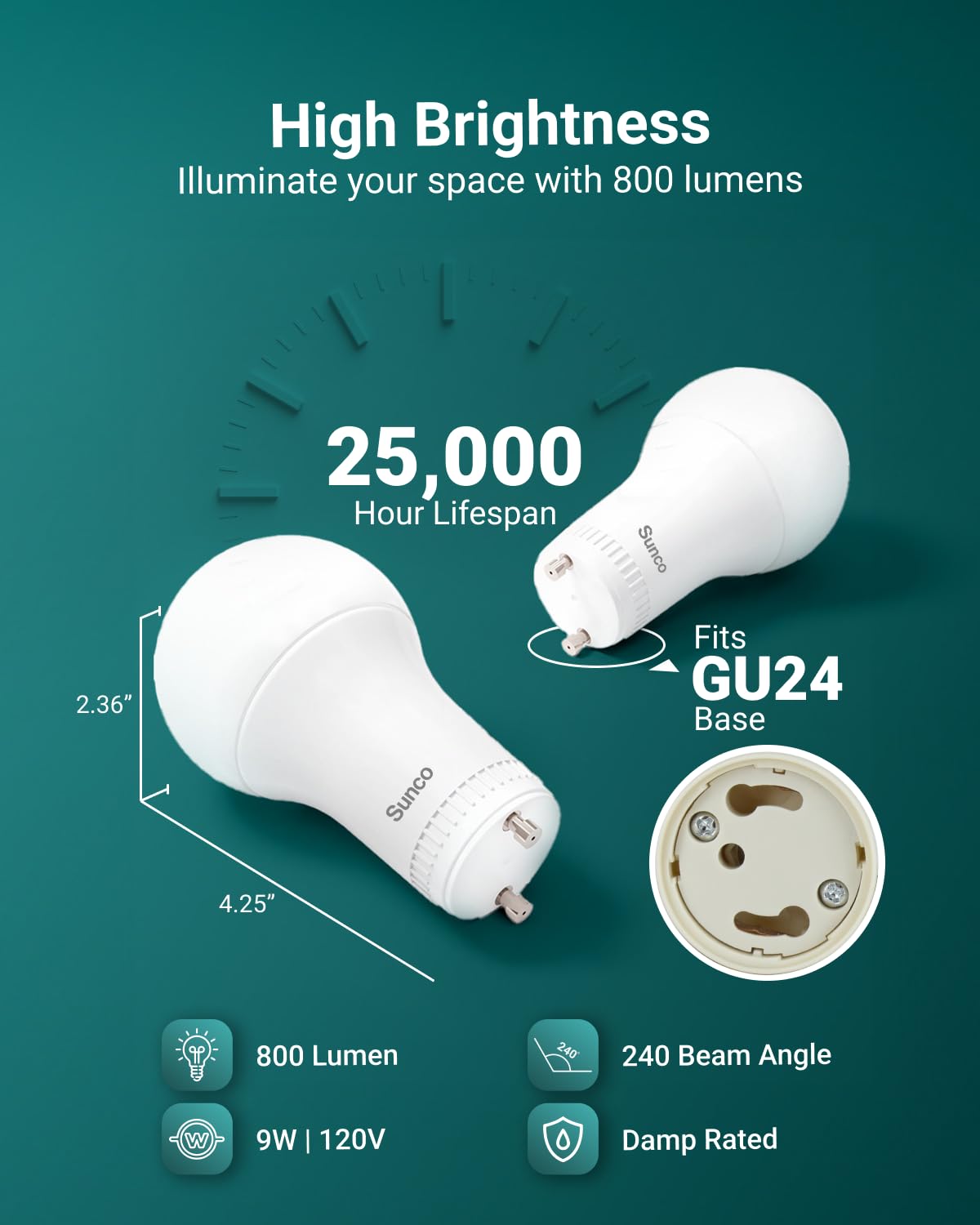 Sunco 6 Pack Gu24 Led Bulb A19, 2 Prong Light Bulbs, 800 Lm, 9W (60W Equivalent), 2700K Soft White, Dimmable, Twist & Lock Gu24